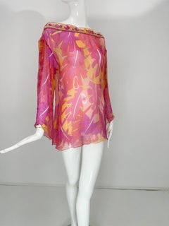 Emilio Pucci Pink Print Sheer Silk Chiffon Tunic Top with Tropical Foliage 8