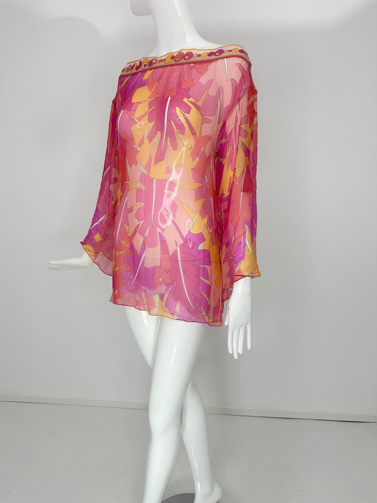 Beige Emilio Pucci - Top a tunica in chiffon di seta trasparente con stampa rosa e fogliame tropicale 8 in vendita