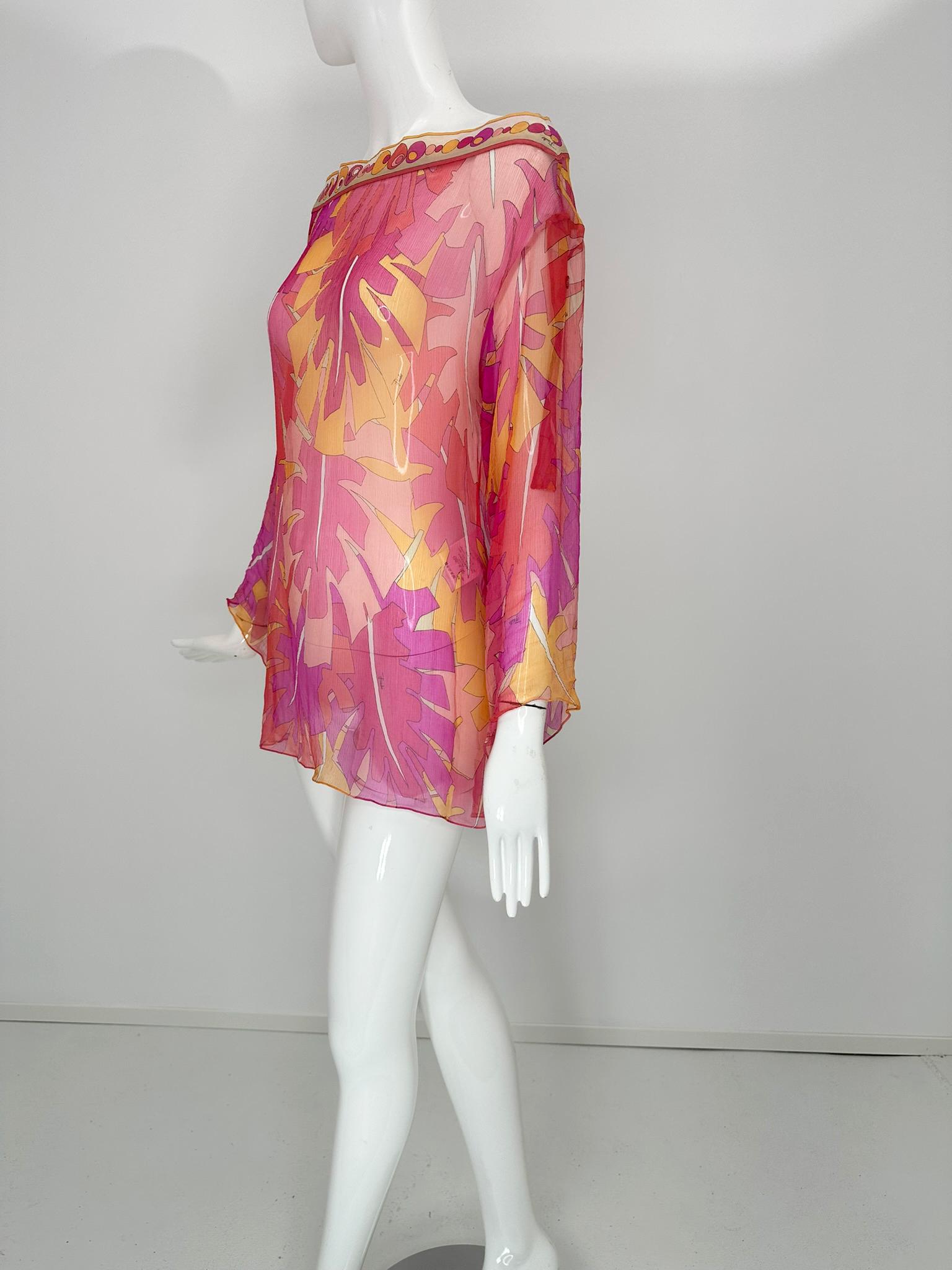 Emilio Pucci - Top a tunica in chiffon di seta trasparente con stampa rosa e fogliame tropicale 8 In condizioni buone in vendita a West Palm Beach, FL