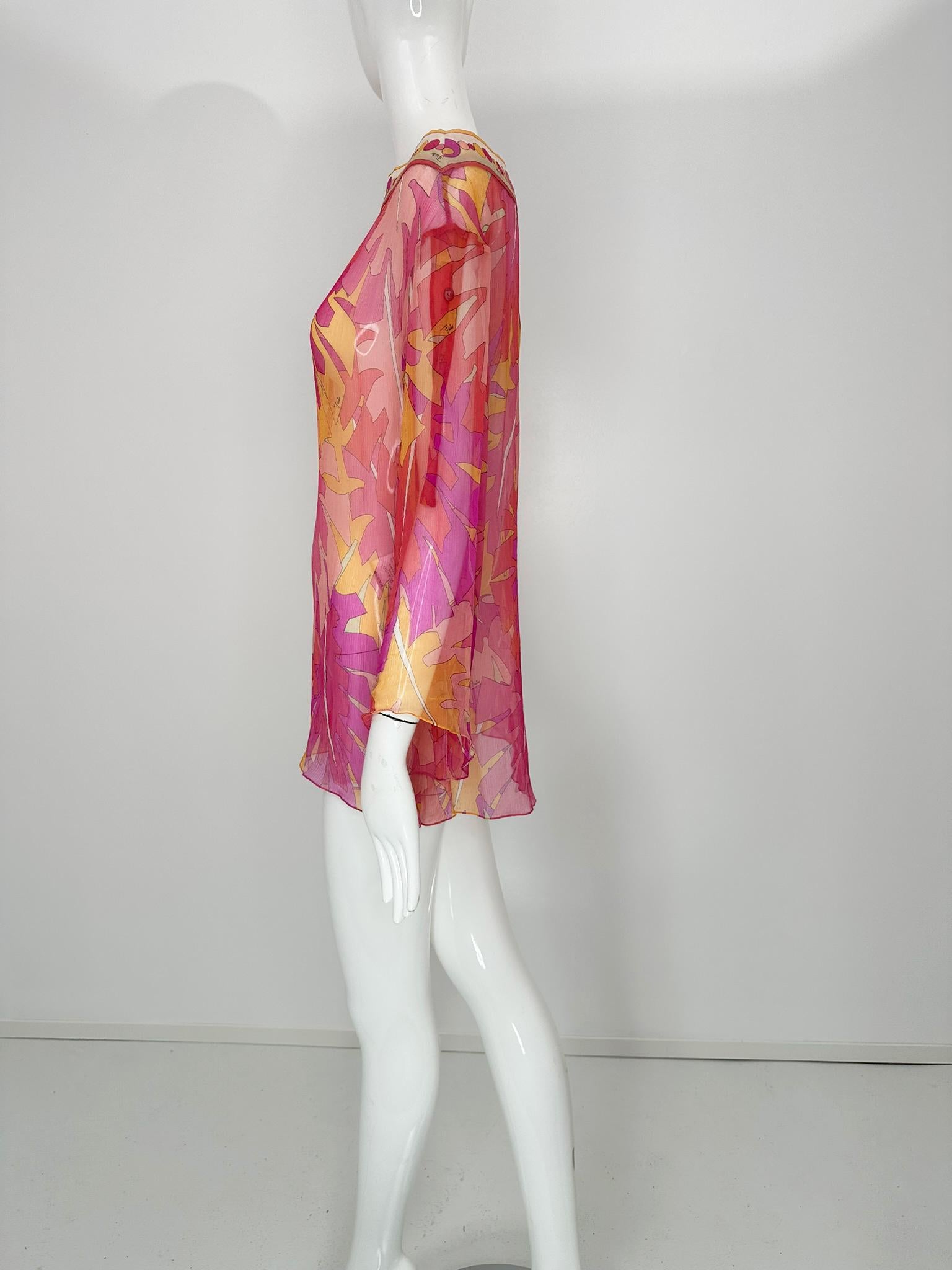 Donna Emilio Pucci - Top a tunica in chiffon di seta trasparente con stampa rosa e fogliame tropicale 8 in vendita