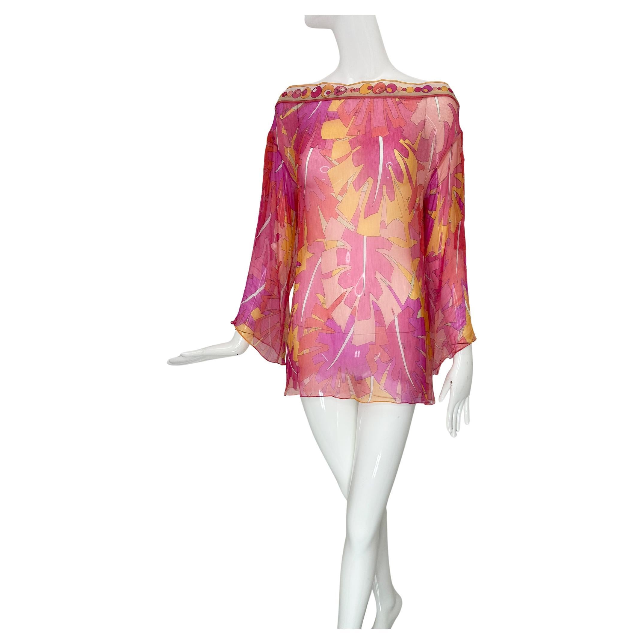 Emilio Pucci - Top a tunica in chiffon di seta trasparente con stampa rosa e fogliame tropicale 8 in vendita