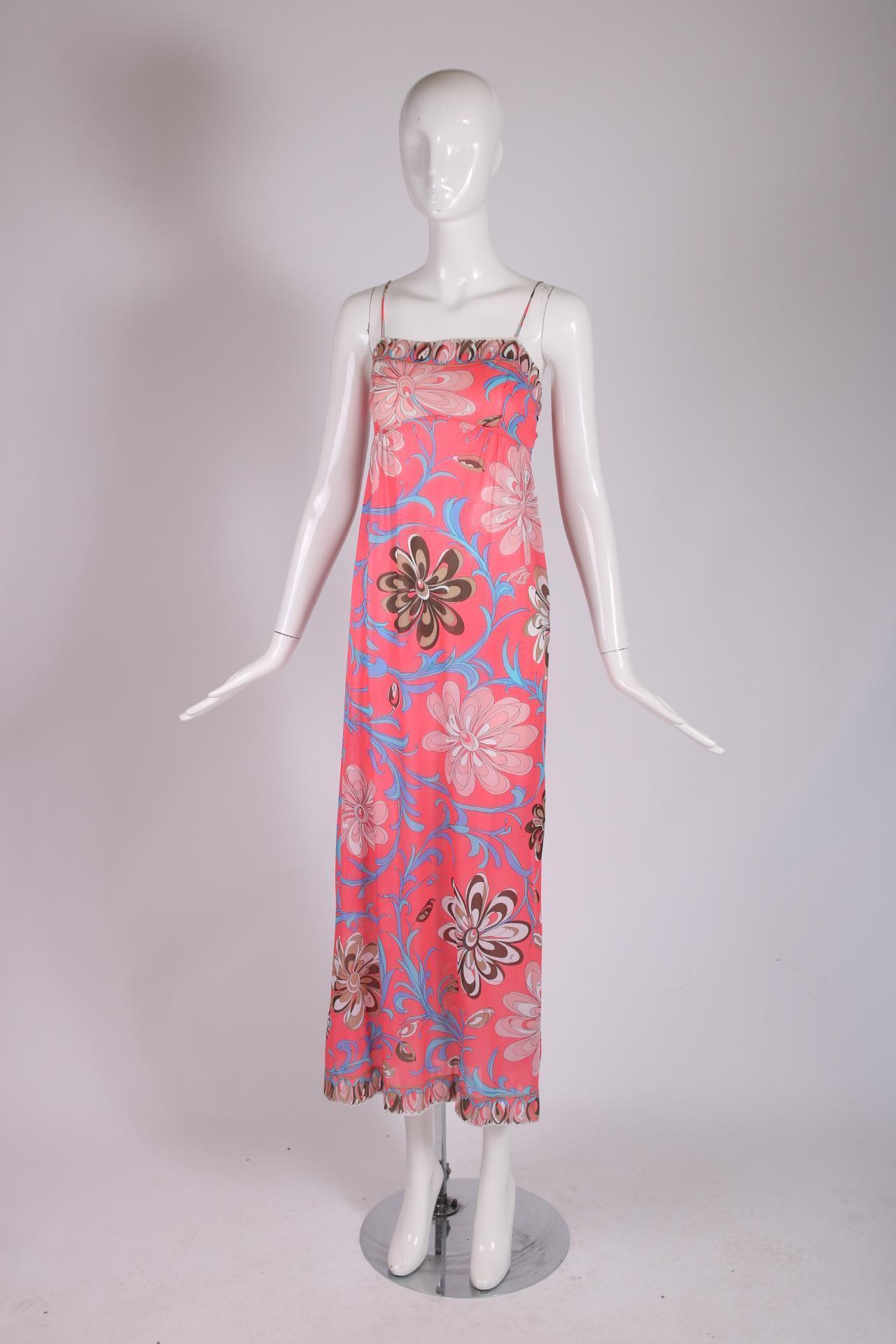 1970's Pucci for Formfit Rogers signature floral printed maxi slip dress in nylon with spaghetti straps and an empire waist. In excellent condition - size tag P. Please consult measurements.

Bust: 30