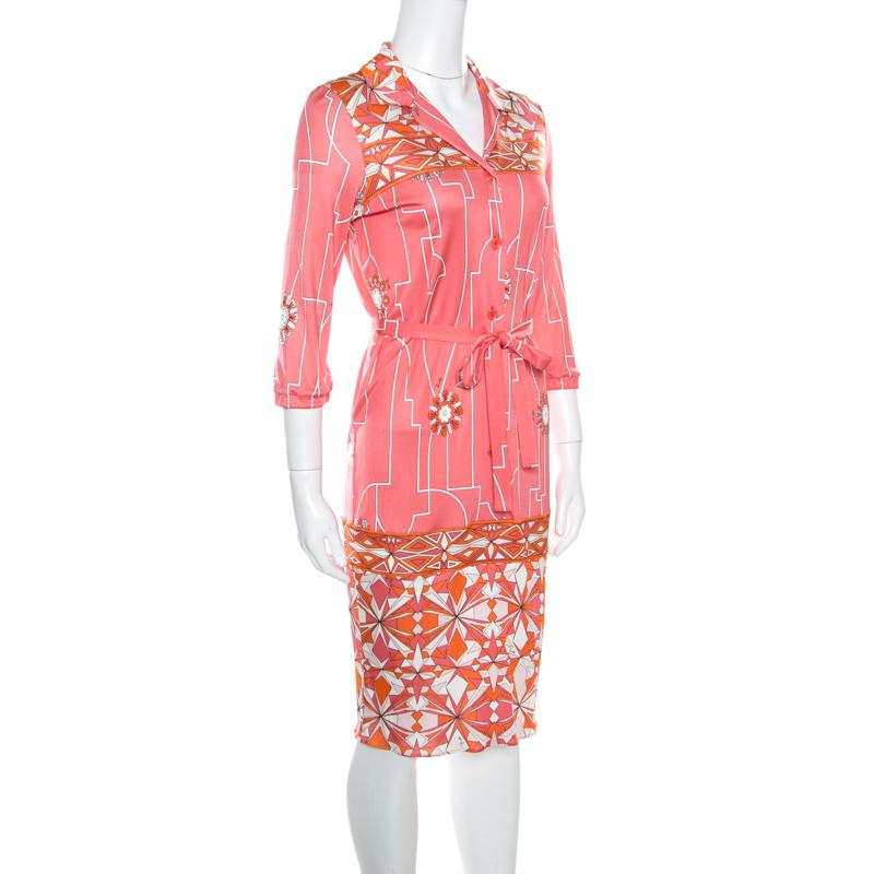 Emilio Pucci Pink Printed Silk Belted Shirt Dress S In Good Condition In Dubai, Al Qouz 2