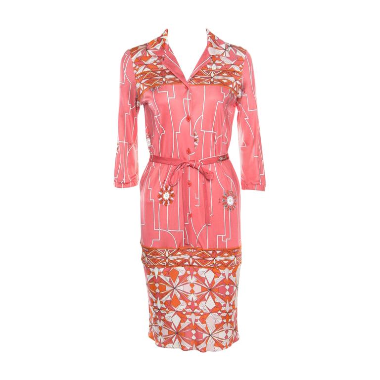 Emilio Pucci Pink Printed Silk Belted Shirt Dress S