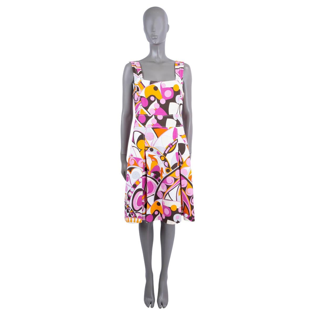 100% authentic Emilio Pucci sleeveless box pleated dress in , white, ivory, pink, Orangel and brown cotton (100%). Features a two pockets on the side and two white buttons on the straps. Opens with a concealed hook and zip in the back. Lined in