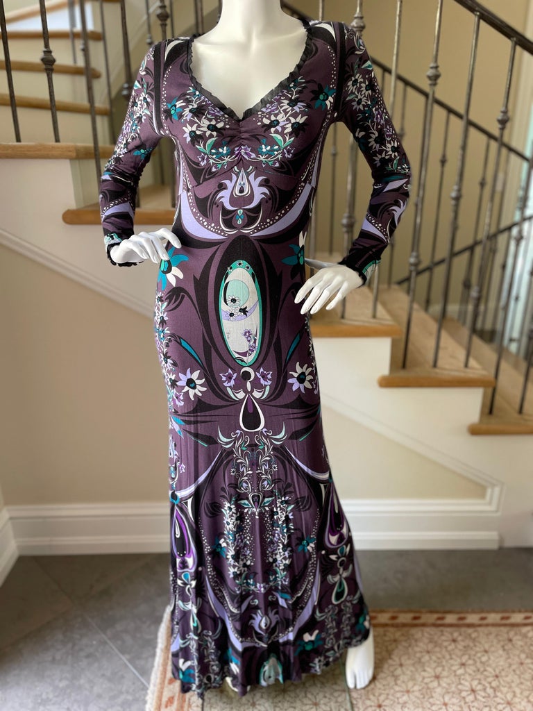 Black Emilio Pucci Plunging Purple Print Vintage Evening Dress For Sale
