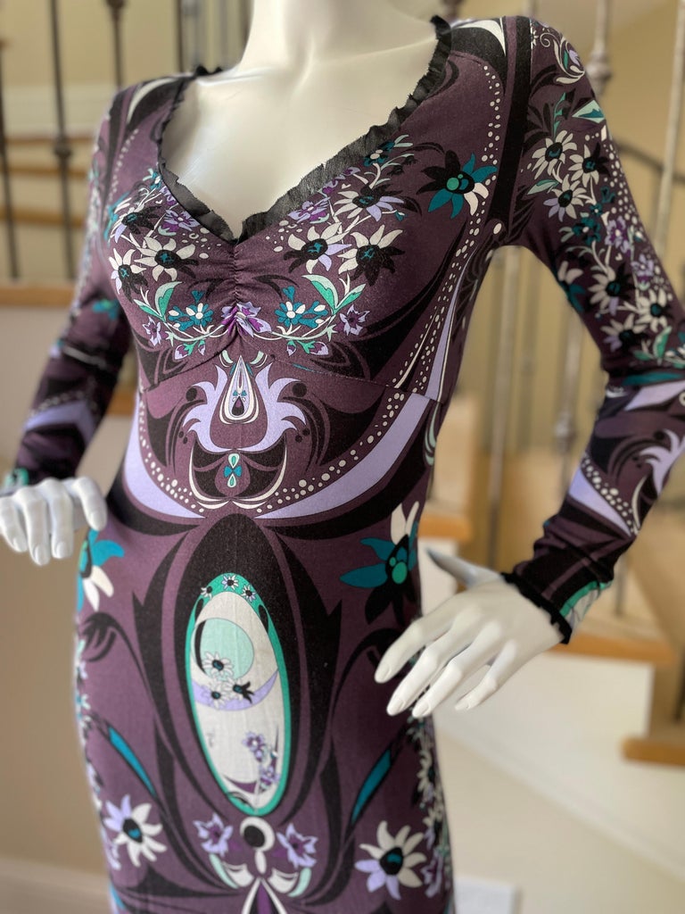 Emilio Pucci Plunging Purple Print Vintage Evening Dress In Good Condition For Sale In Cloverdale, CA
