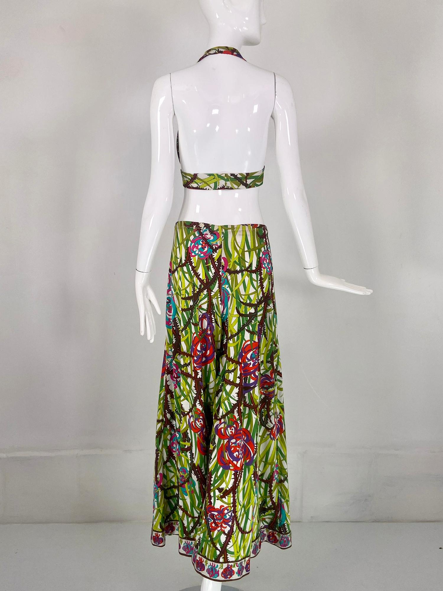 Marrone Emilio Pucci, pigiama da spiaggia in jersey di cotone stampato, pantalone e reggiseno 4/15/1975 in vendita