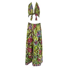 Emilio Pucci, pigiama da spiaggia in jersey di cotone stampato, pantalone e reggiseno 4/15/1975
