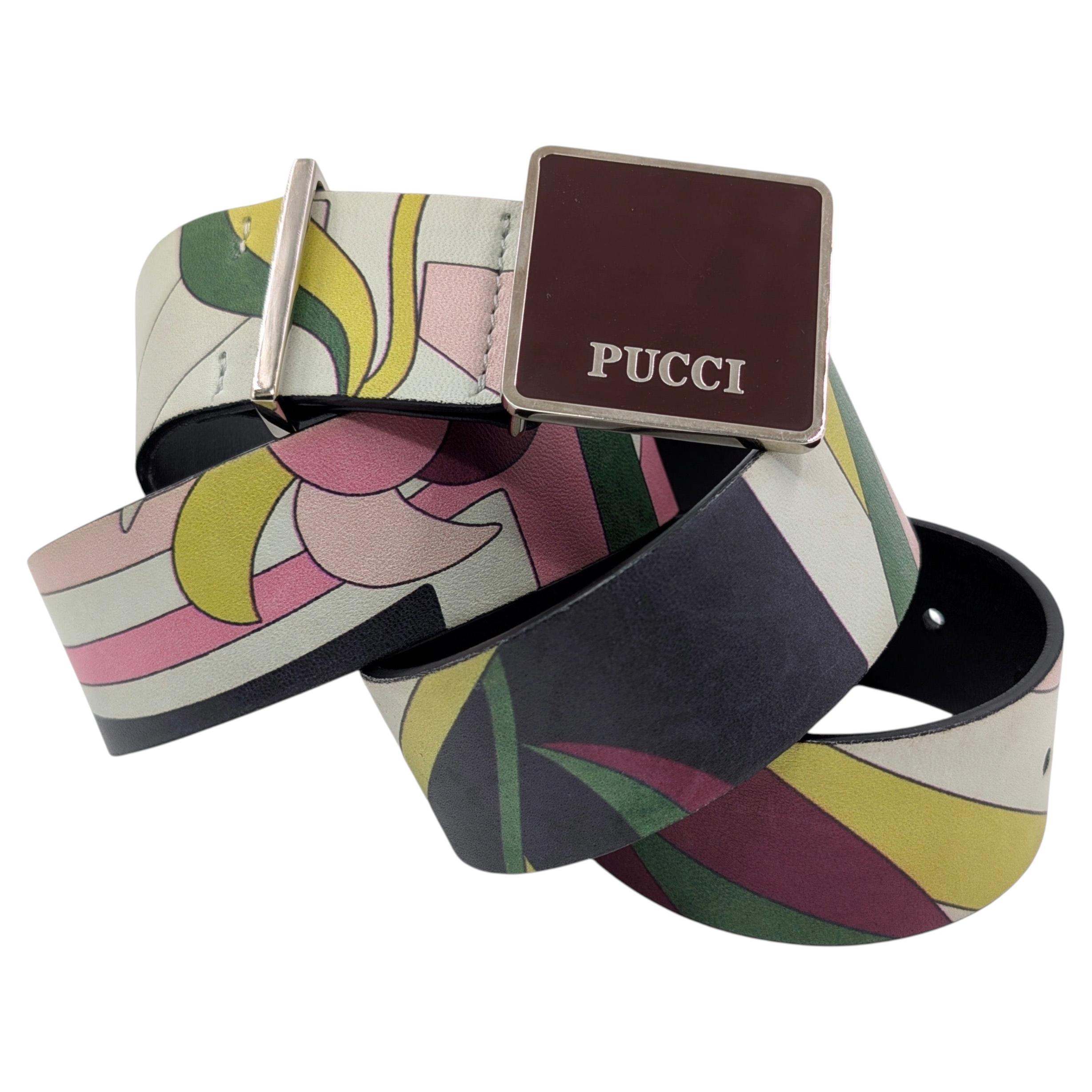 EMILIO PUCCI Ledergürtel mit Print und bordeauxroter Schnalle – Größe 85