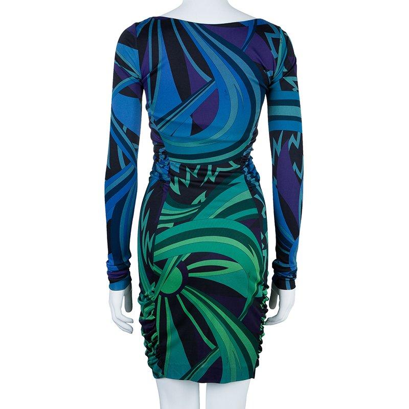 A cool abstract print gives an eye-catching style to this dress by Emilio Pucci. Tailored from pure viscose, it features fitted bodice featuring a round neckline, long sleeves with gathered details and ruched sides.

Includes: TLC Packaging

