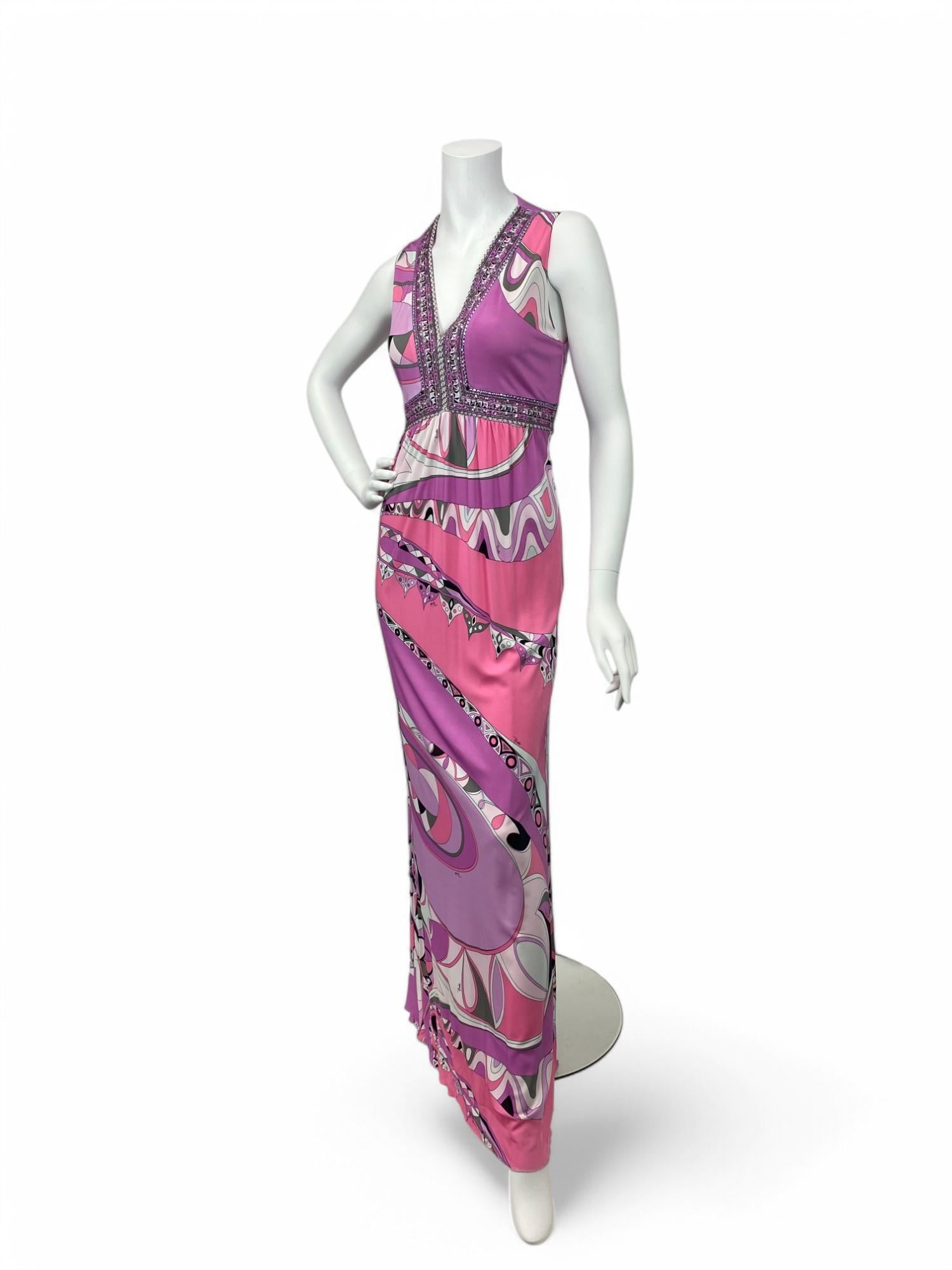 Rose Robe midi imprimée Emilio Pucci avec perles Taille : 44 en vente