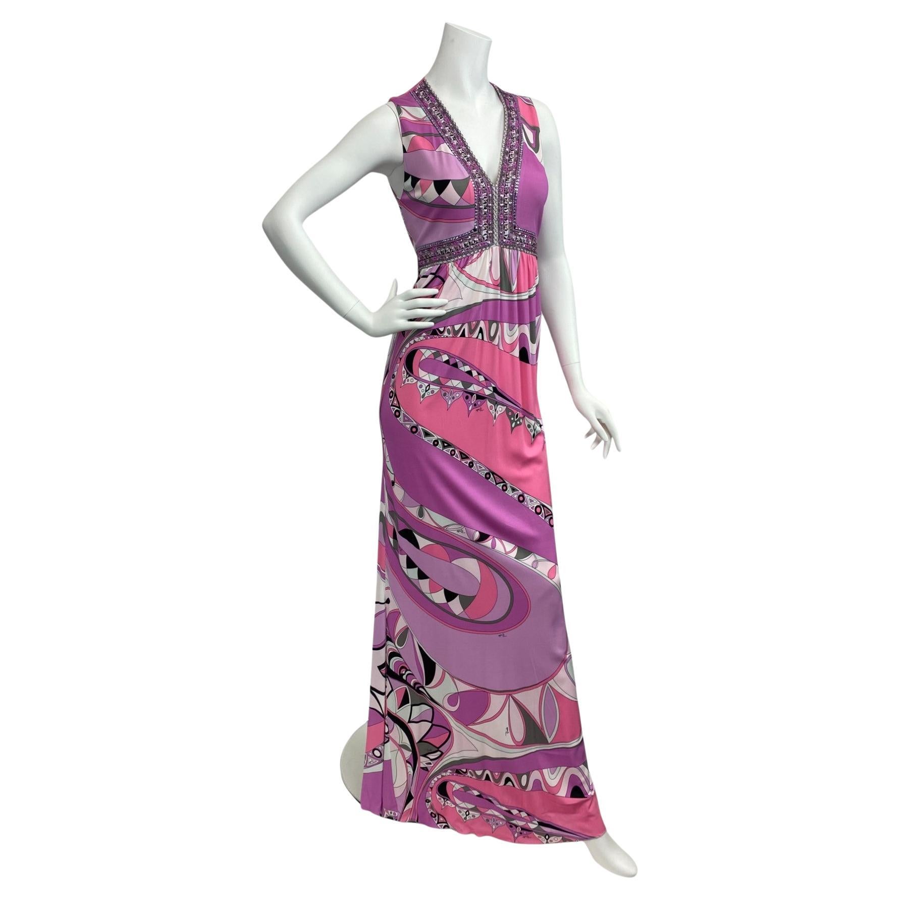 Robe midi imprimée Emilio Pucci avec perles Taille : 44 en vente