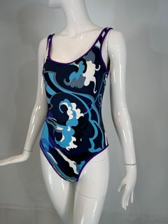 Emilio Pucci Purple Black White Blue & Grey 1 Piece Low Back High Cut Swim Suit