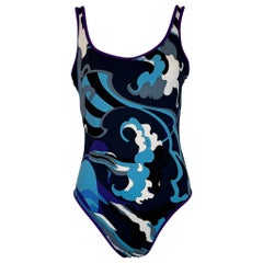 Emilio Pucci Lila Schwarz Weiß Blau & Grau 1 Stück Low Back High Cut Badeanzug mit hohem Rückenausschnitt