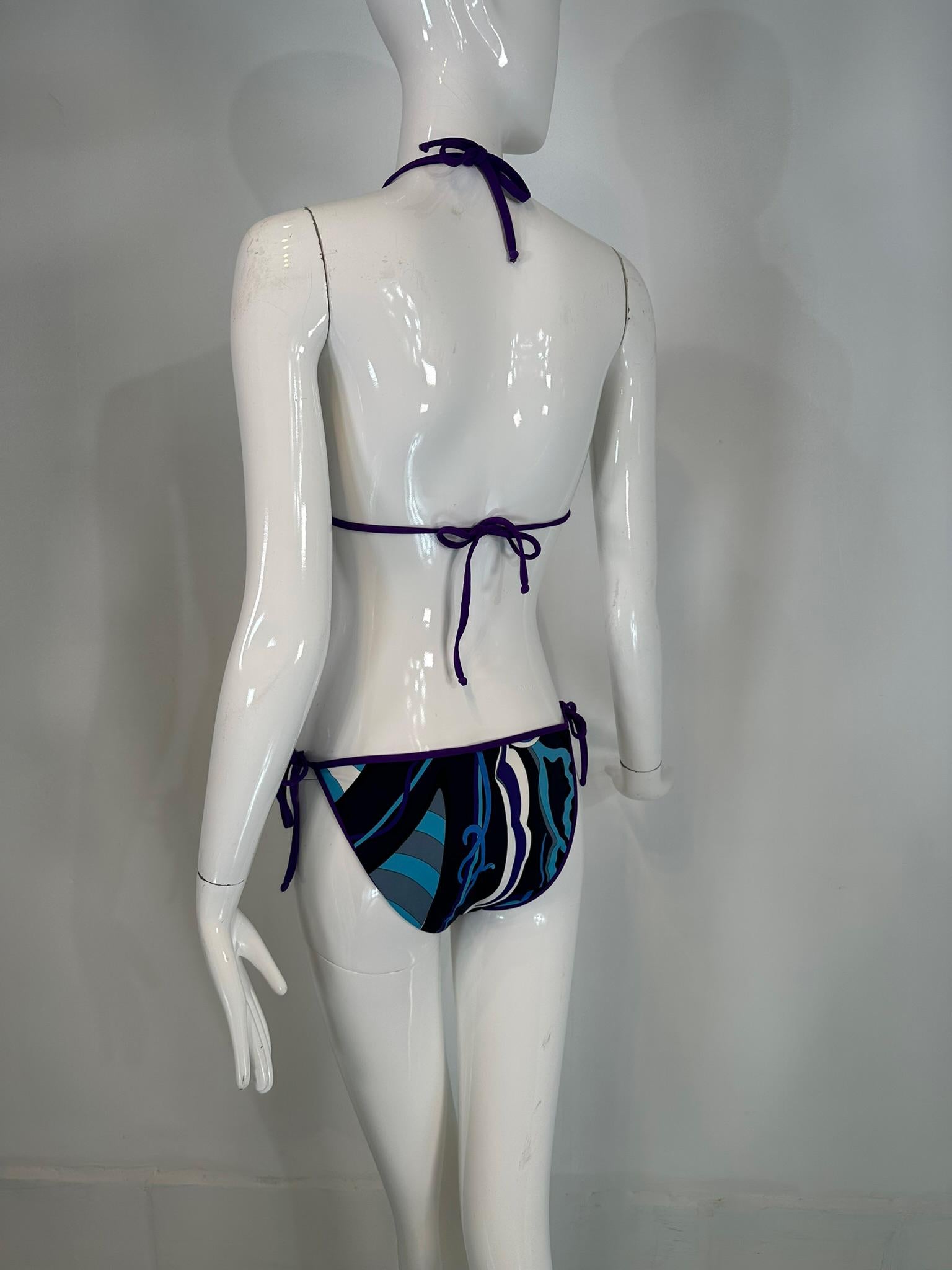 Emilio Pucci Purple Black White Blue & Grey Print 2 Piece String Bikini 44 In Good Condition For Sale In West Palm Beach, FL