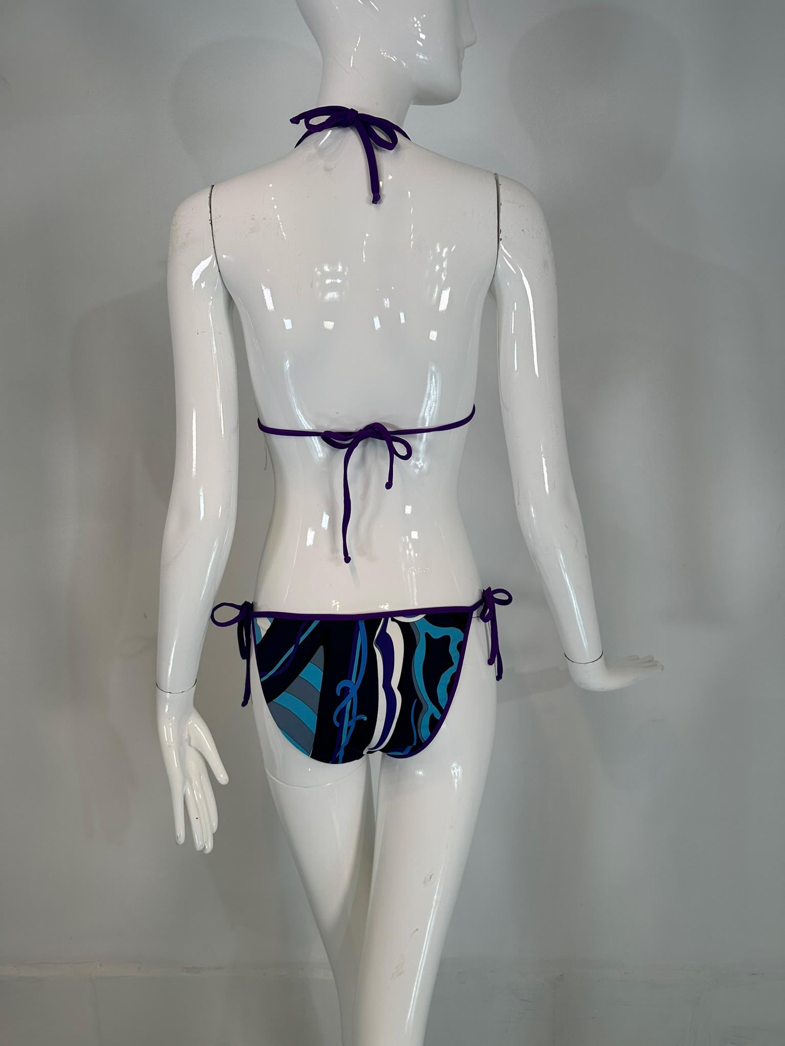 Women's Emilio Pucci Purple Black White Blue & Grey Print 2 Piece String Bikini 44 For Sale