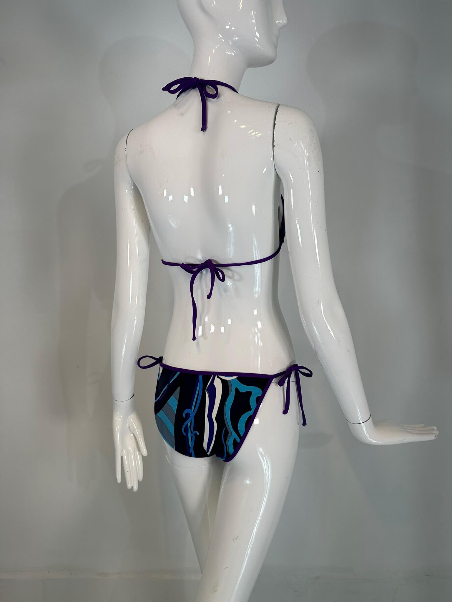 Emilio Pucci Purple Black White Blue & Grey Print 2 Piece String Bikini 44 For Sale 1