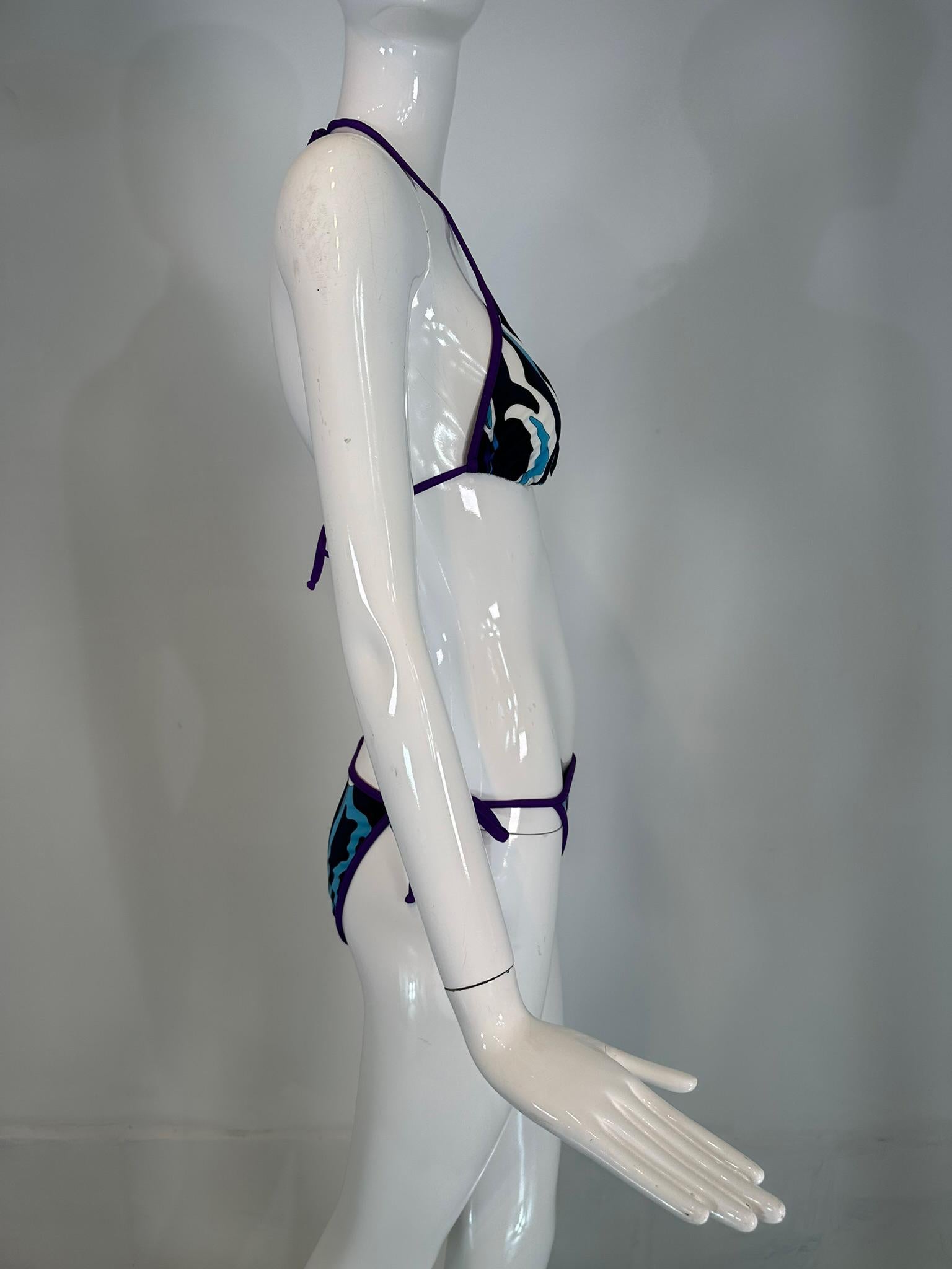 Emilio Pucci Purple Black White Blue & Grey Print 2 Piece String Bikini 44 For Sale 2