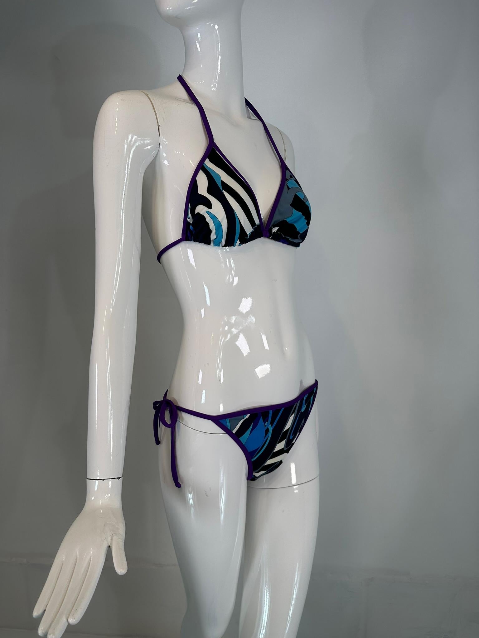 Emilio Pucci Purple Black White Blue & Grey Print 2 Piece String Bikini 44 For Sale 3