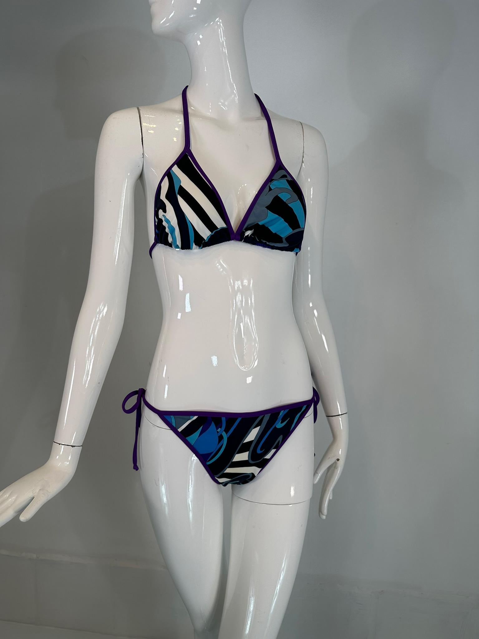 Emilio Pucci Purple Black White Blue & Grey Print 2 Piece String Bikini 44 For Sale 4