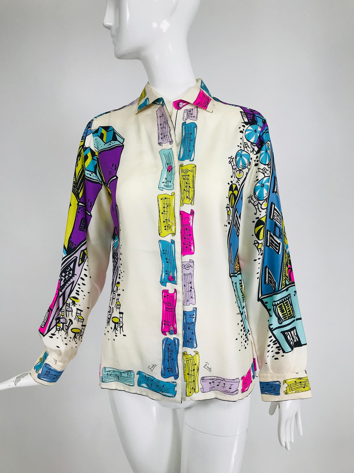 Emilio Pucci rare silk twill print Italian cafe blouse 1960s, made expressly A.S. Coopers, Bermuda. A fabulous print in vivid colours, the front facings are musical notes, the sleeves and back are cafe nightlife, shops including Pucci and striped