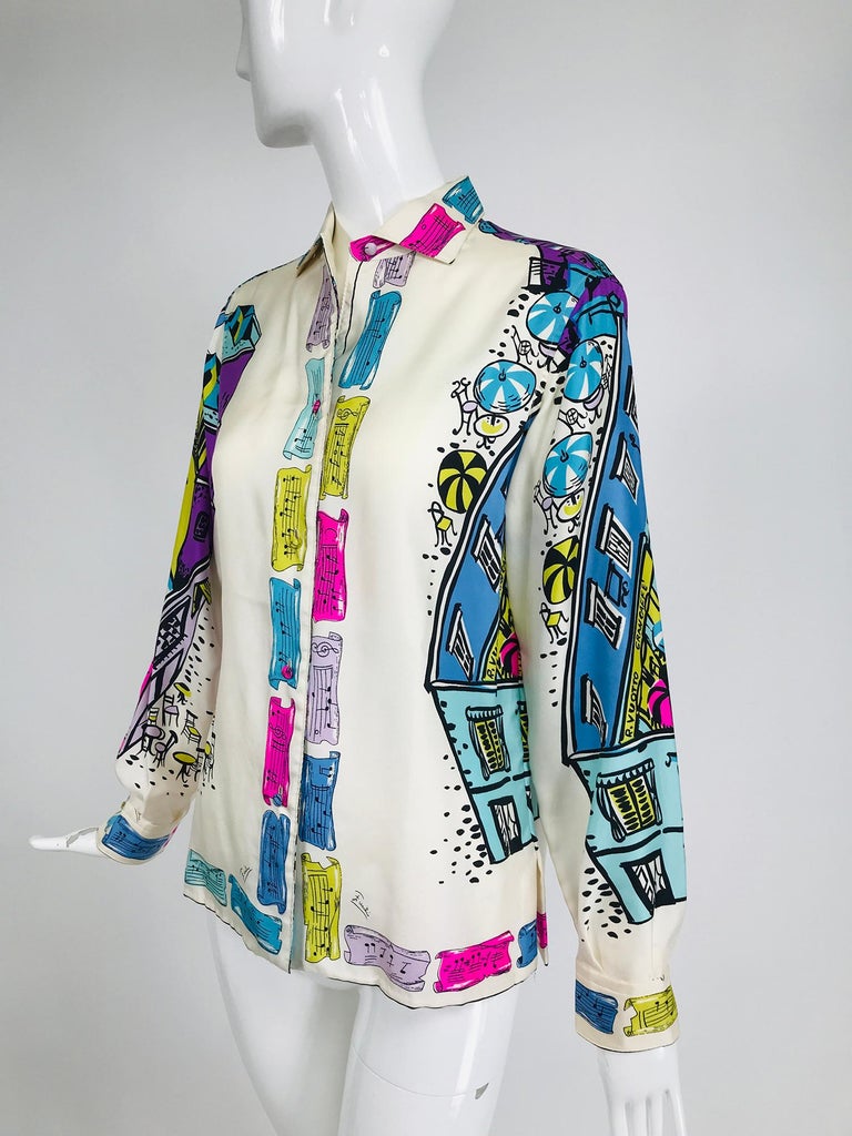 Emilio Pucci Rare Silk Twill Print Italian Cafe Blouse 1960s at 1stDibs