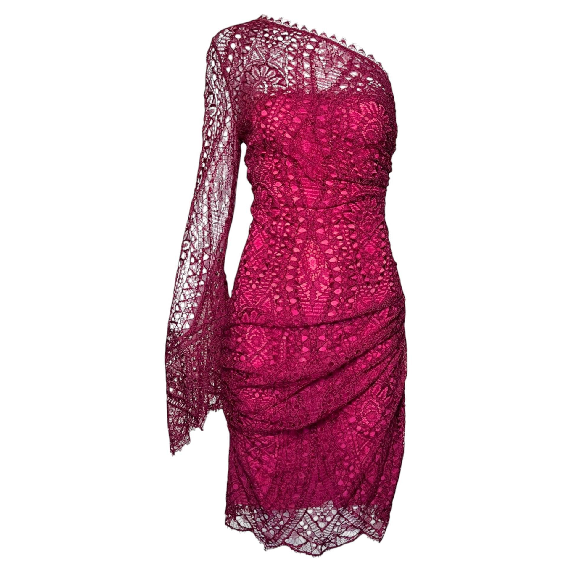 Emilio Pucci Resort 2011 Raspberry Red One Shoulder Lace Mini Dress