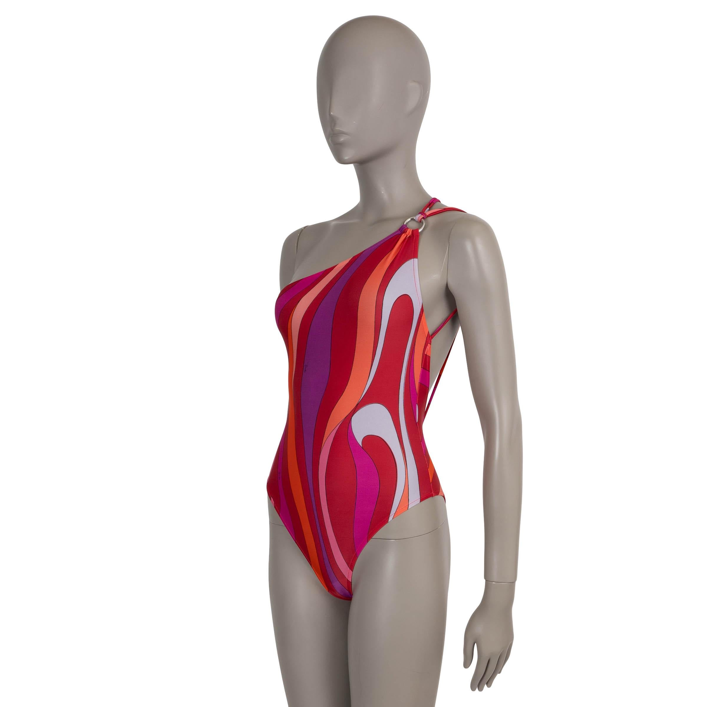 This 100% authentic Emilio Pucci swimsuit in bright red, purple, and pink is crafted from a vibrant polyamide (80%) and elastane (20%) blend, featuring the house’s iconic Marmo print. The off-shoulder silhouette is accented with a silver-tone metal