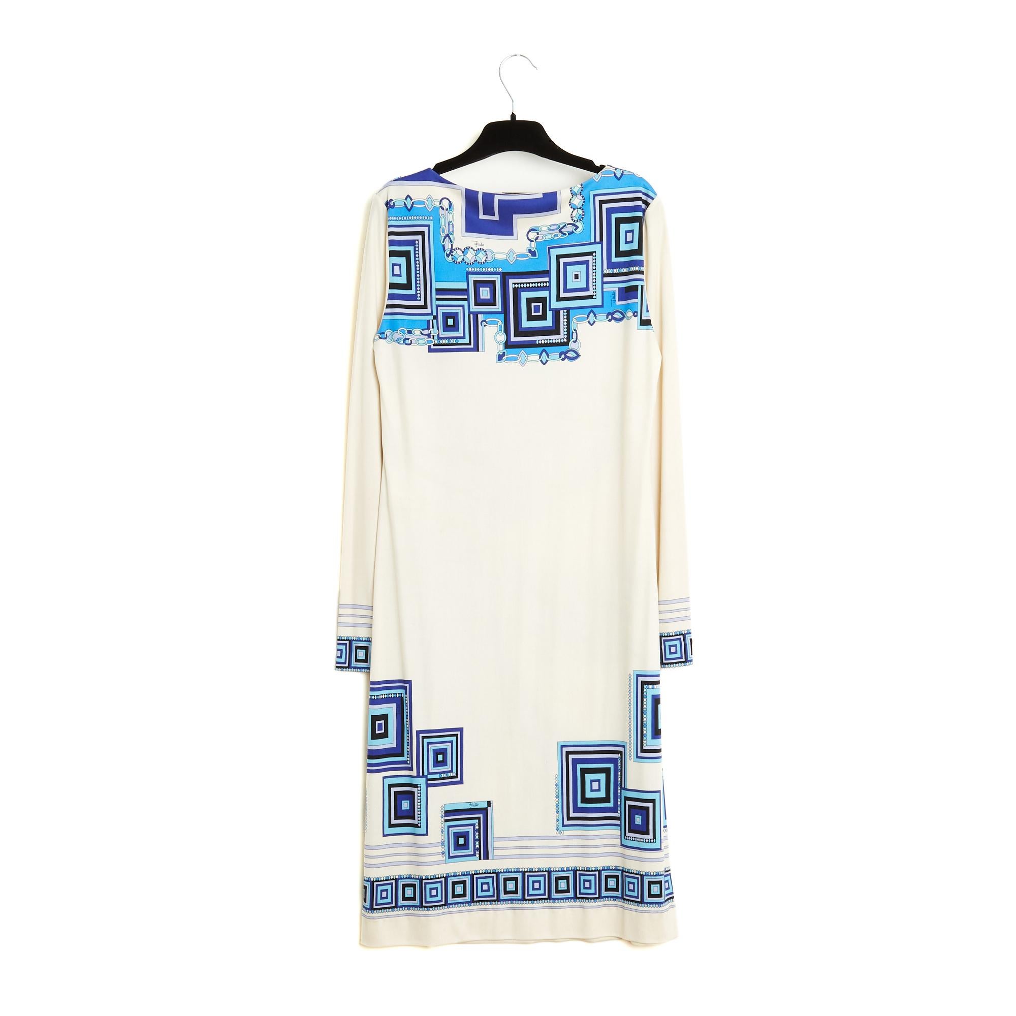 Donna Emilio Pucci Robe Soie FR40 Ecru Blu Silk Dress UK12 US10 in vendita