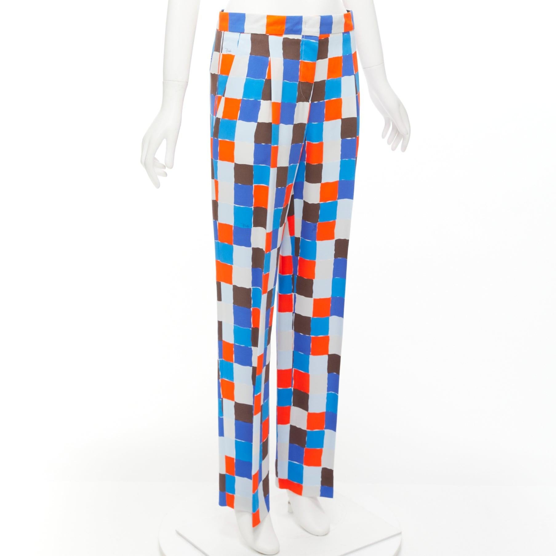 EMILIO PUCCI Runway orange blue watercolour check mid waist pants IT38 XS In Excellent Condition For Sale In Hong Kong, NT
