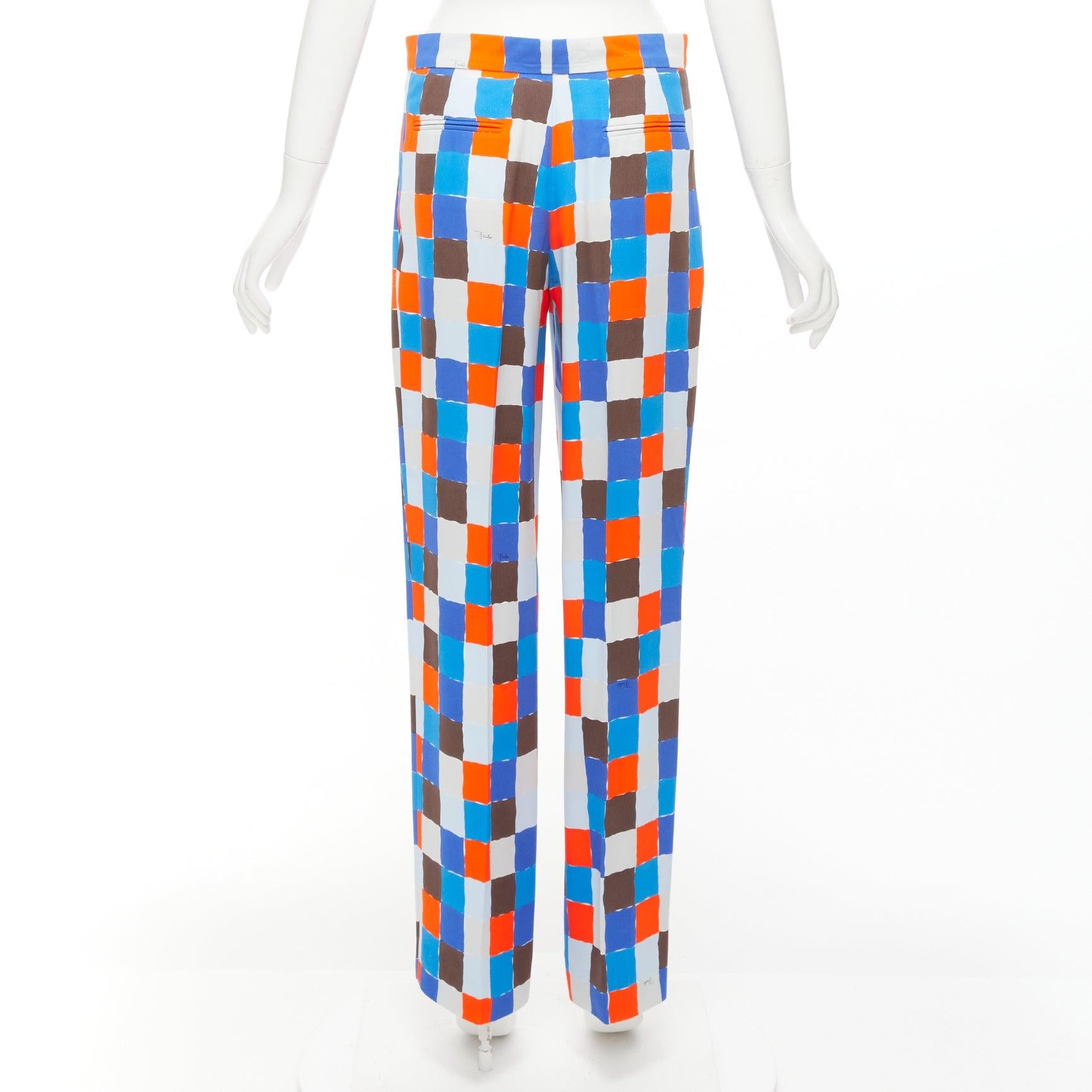 EMILIO PUCCI Laufsteg orange blau aquarell kariert mittlere Taille Hose IT38 XS im Angebot 1