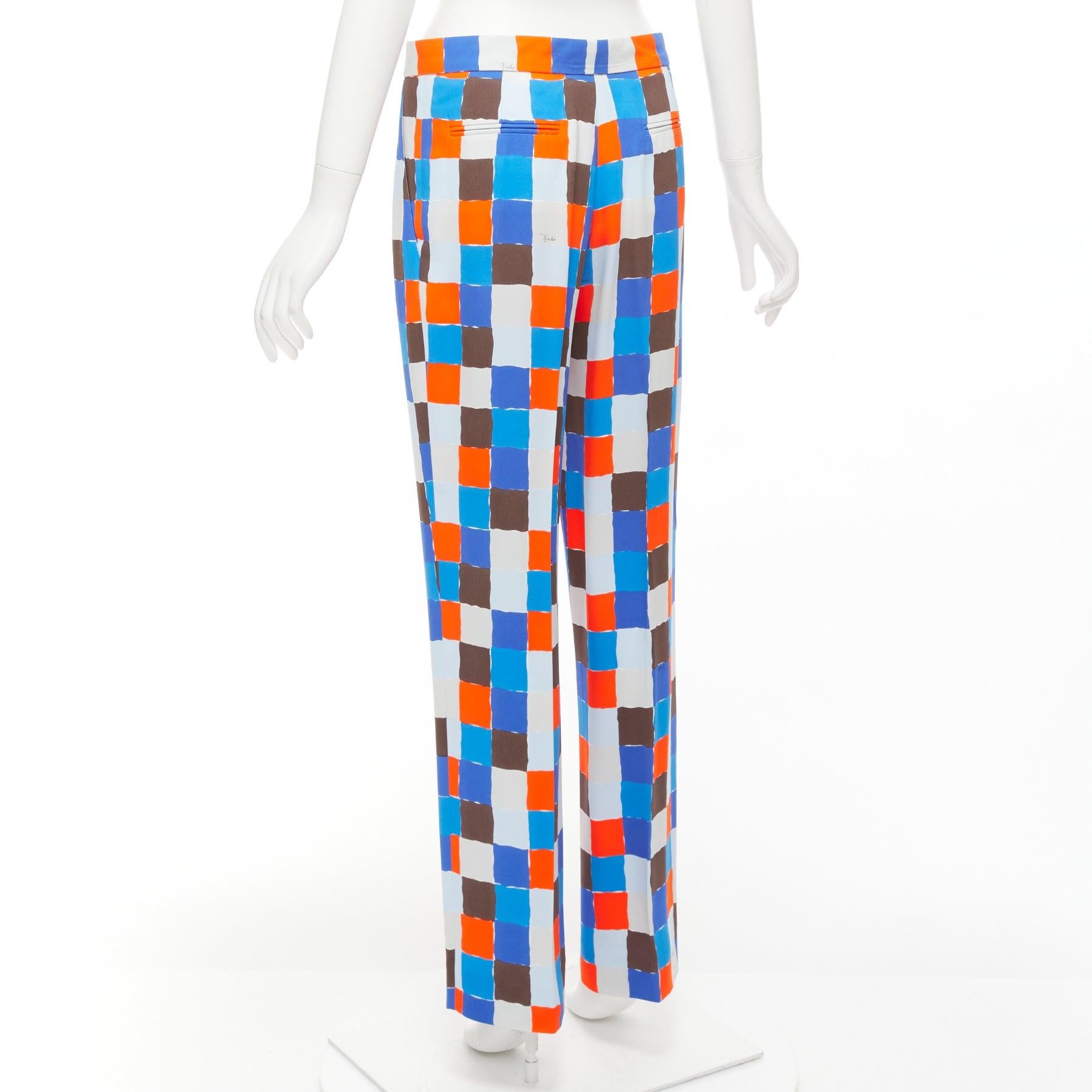 EMILIO PUCCI Runway orange blue watercolour check mid waist pants IT38 XS For Sale 2