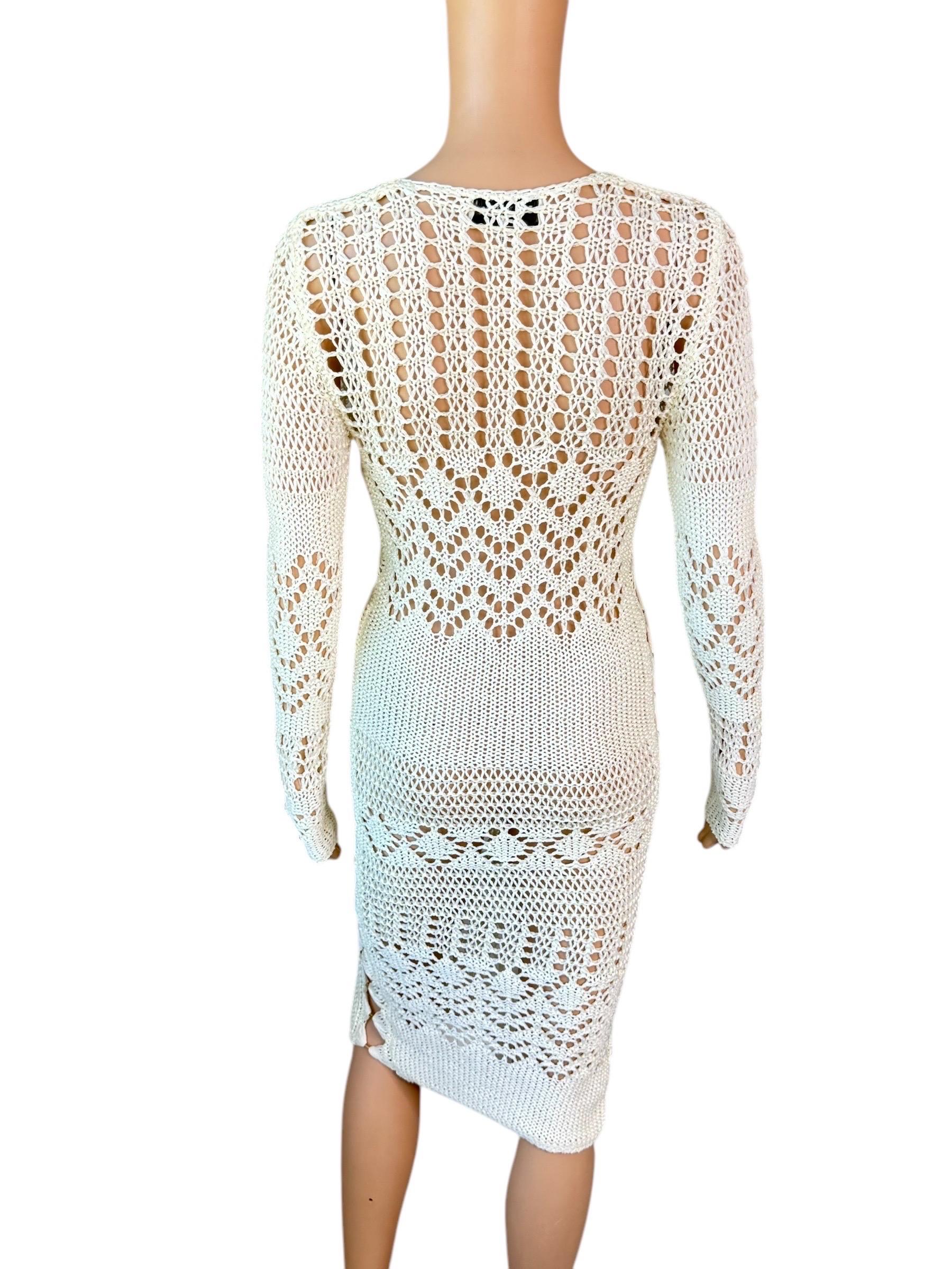 Emilio Pucci S/S 2011 Vestido Marfil de Punto Abierto de Crochet con Recorte Adornado Gris en venta