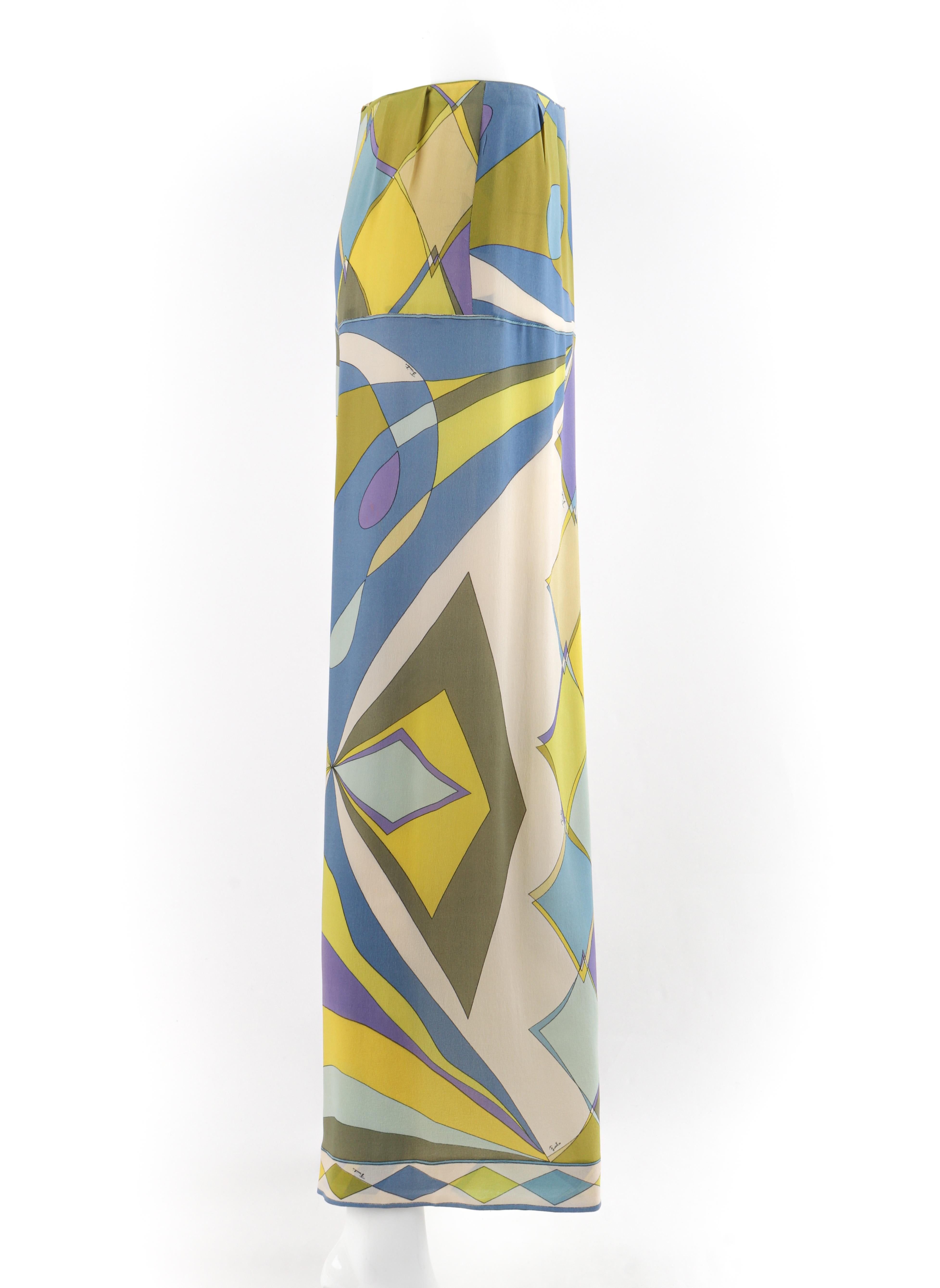 EMILIO PUCCI Saks Fifth Avenue ca. 1960er Jahre Blaue Seidenhose mit geometrischem Druck und weitem Bein im Zustand „Gut“ im Angebot in Thiensville, WI