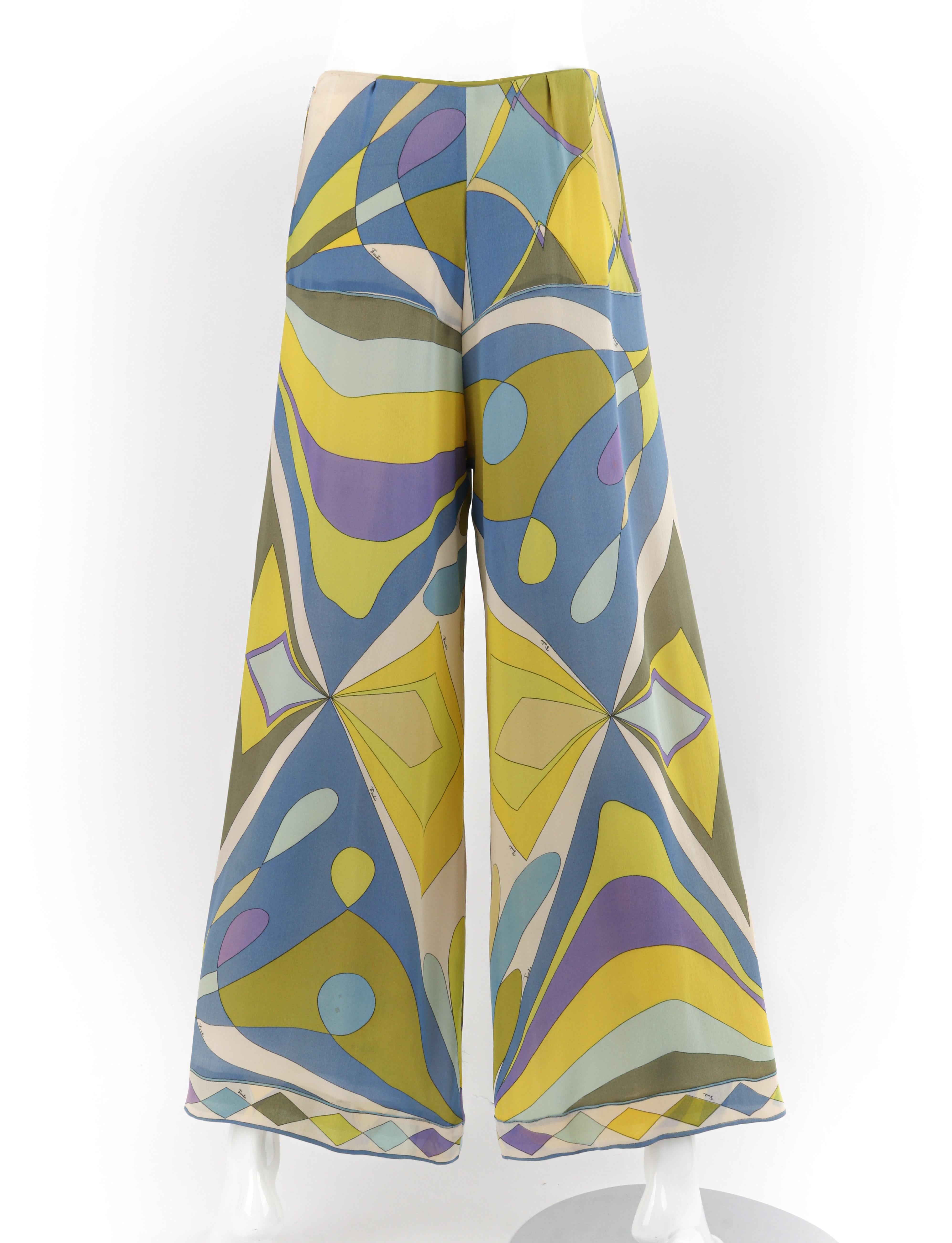 EMILIO PUCCI Saks Fifth Avenue ca. 1960er Jahre Blaue Seidenhose mit geometrischem Druck und weitem Bein Damen im Angebot