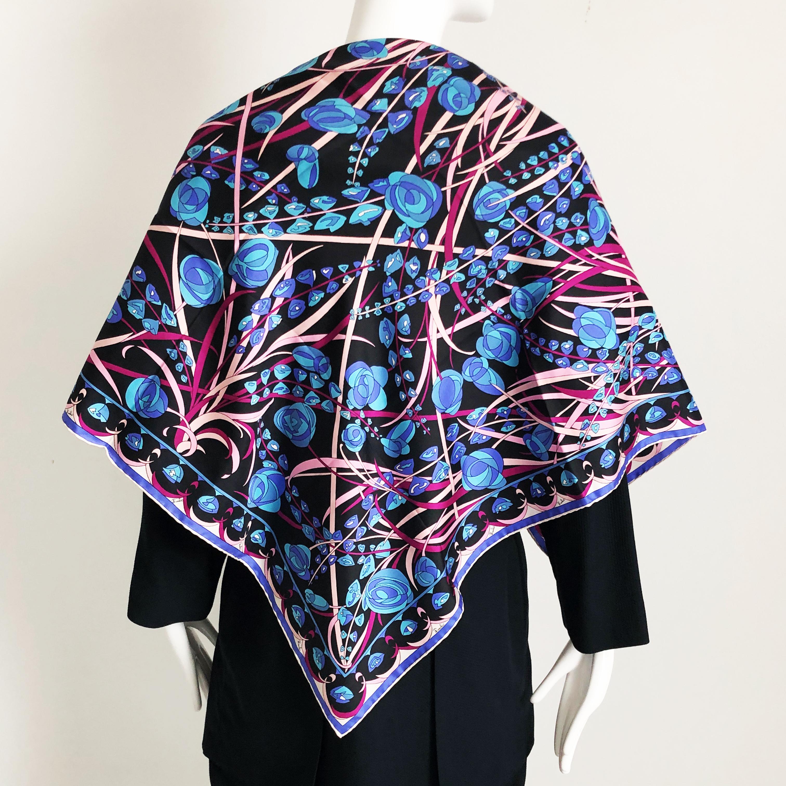 Authentic, preowned, vintage Emilio Pucci silk scarf or shawl, 34in square. Silk/dry clean only/hand rolled hems. Absolutely gorgeous colors on this scarf and the 34in size makes it easy to style in various ways! 

Preowned/vintage with minimal