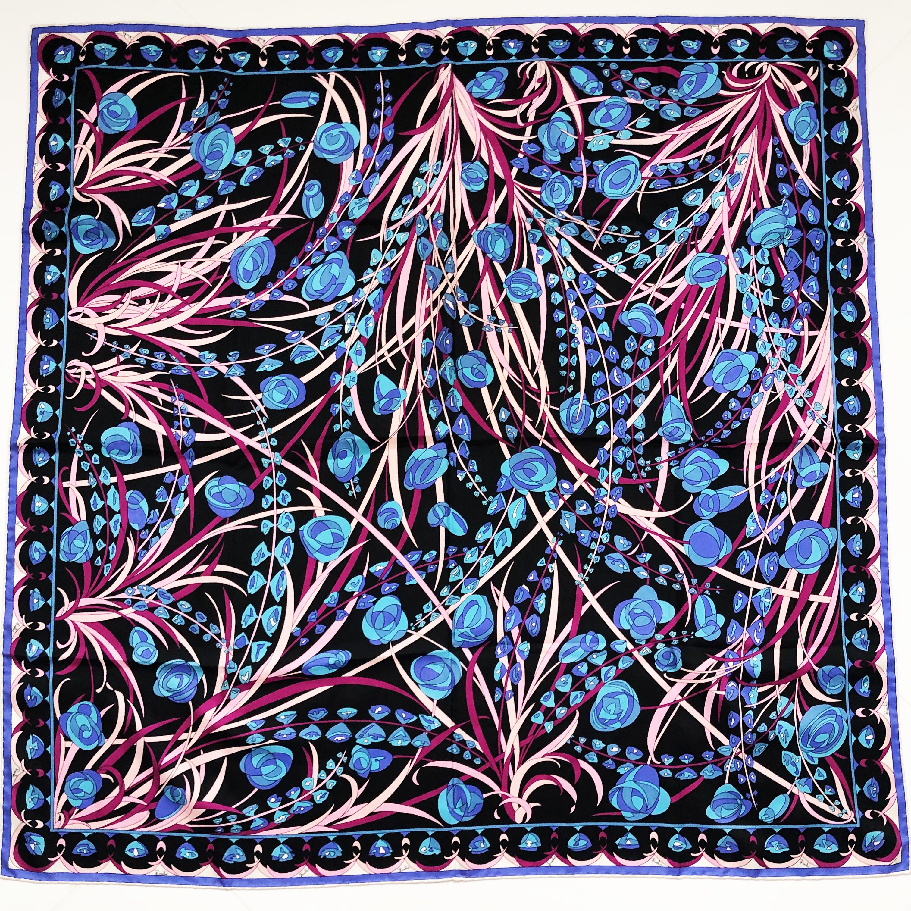 Emilio Pucci Scarf Shawl 34in Silk Blue Abstract Floral Print Vintage 70s  In Good Condition For Sale In Port Saint Lucie, FL