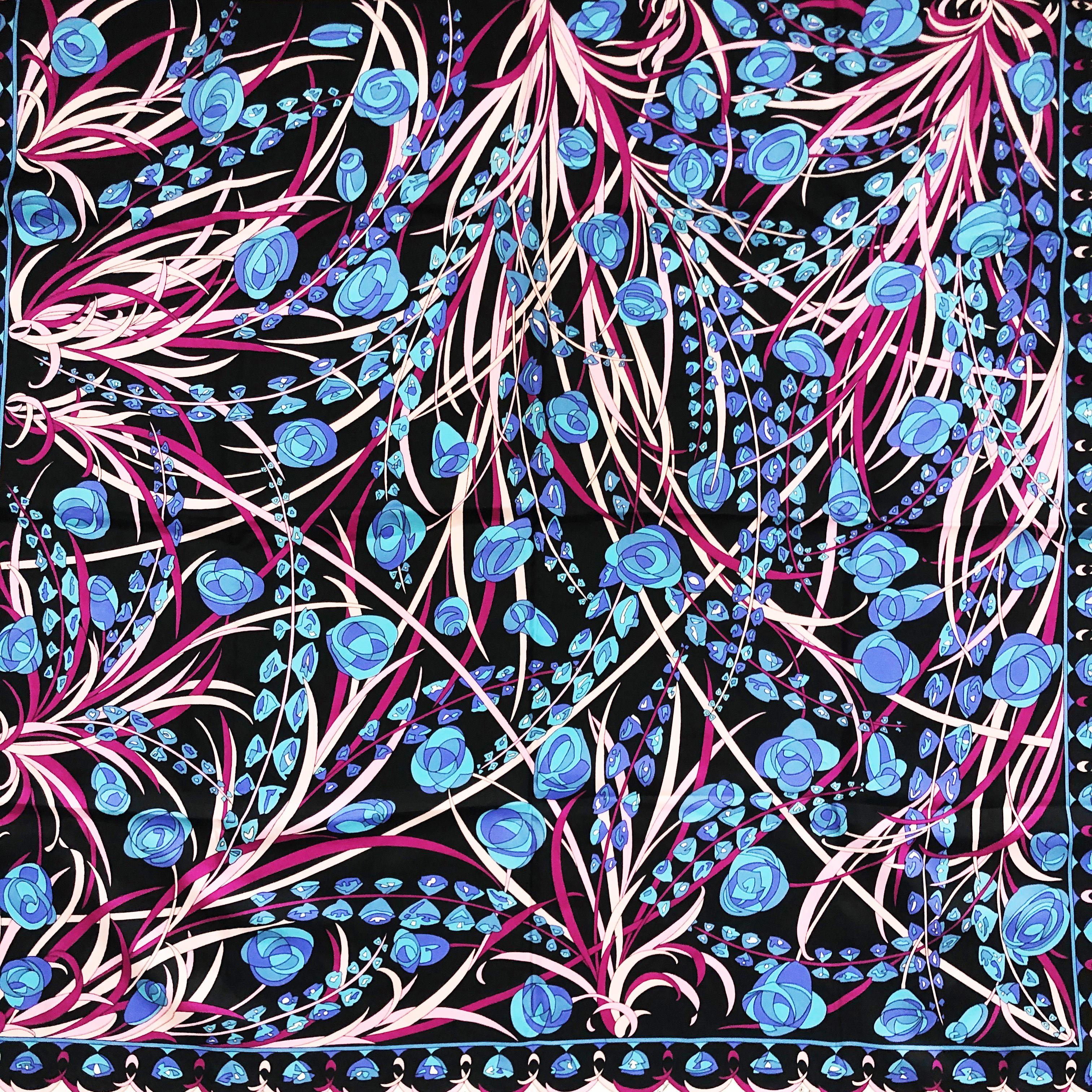 Emilio Pucci Scarf Shawl 34in Silk Blue Abstract Floral Print Vintage 70s  Unisexe en vente