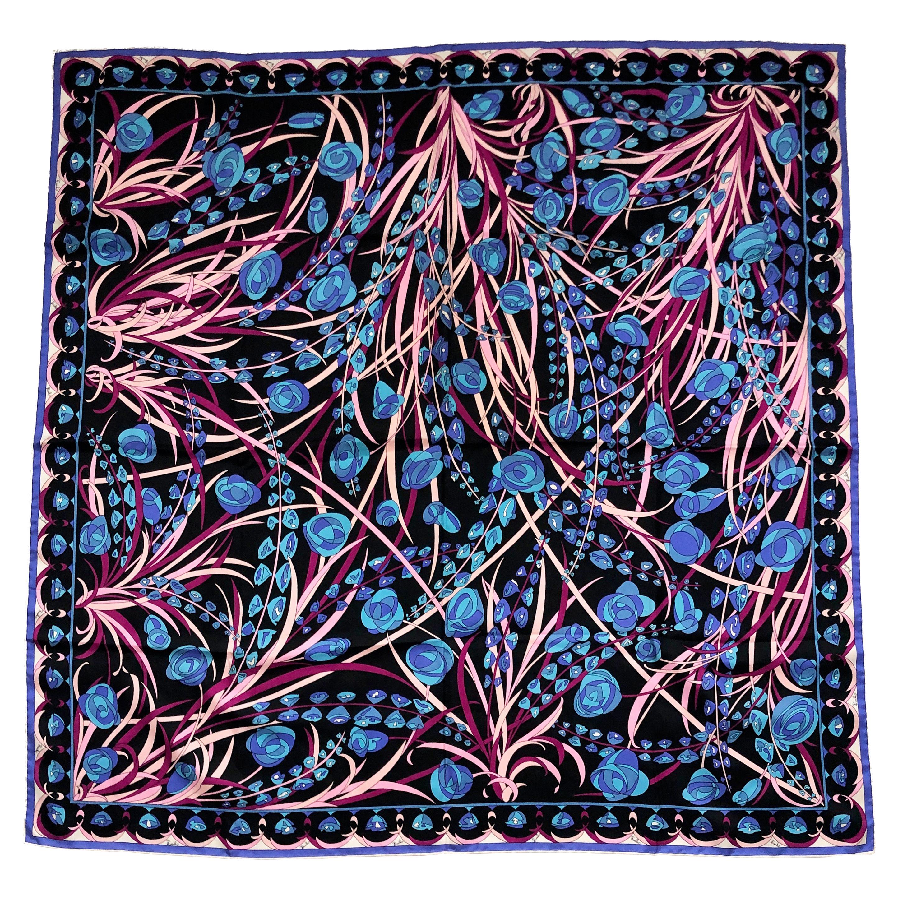 Emilio Pucci Scarf Shawl 34in Silk Blue Abstract Floral Print Vintage 70s  For Sale
