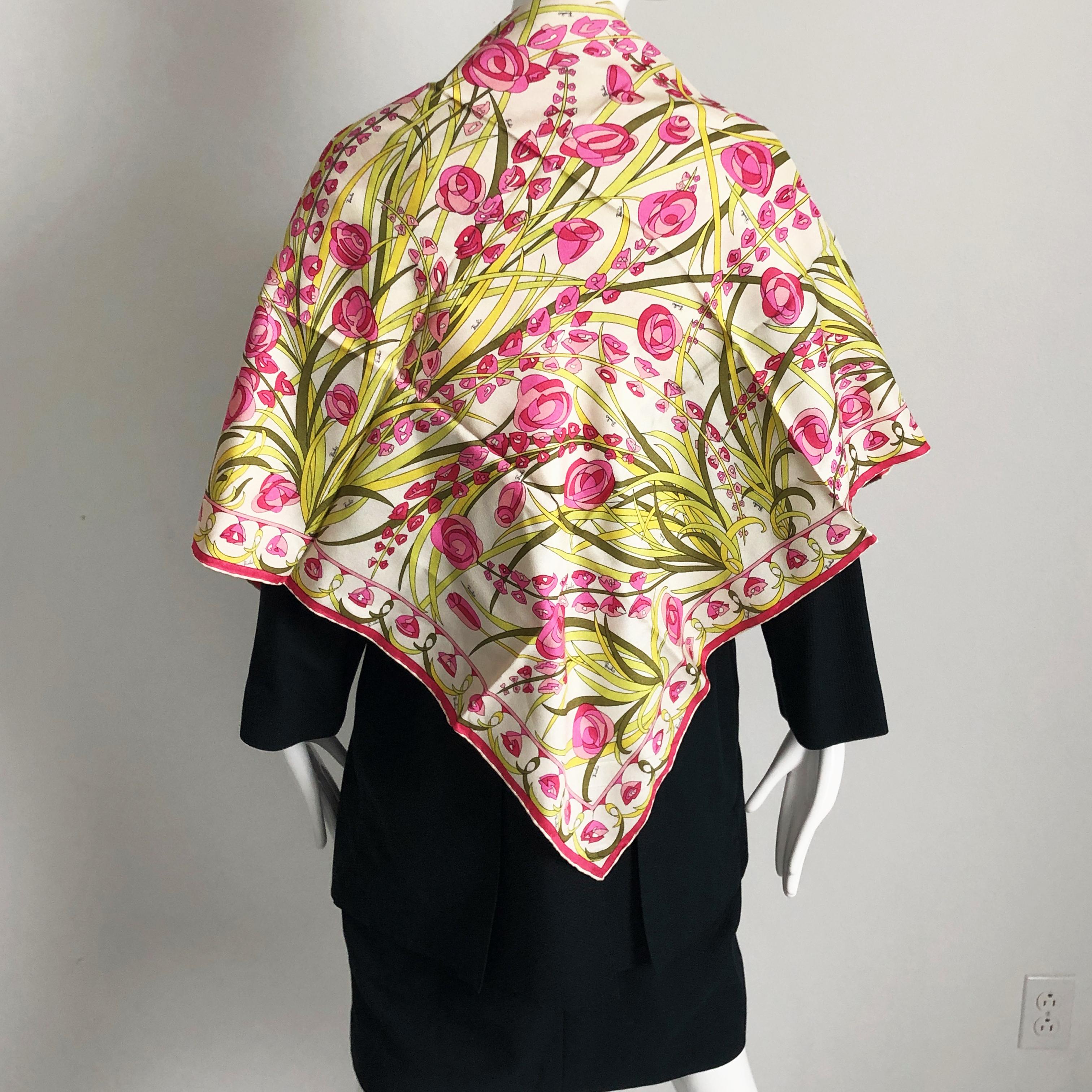 Authentic, preowned, vintage Emilio Pucci silk scarf or shawl, 34in. Measures appx 34in square/hand-rolled hems/dry clean only. 

Fabulous and colorful scarf that can be styled in so many ways!! Preowned/vintage with minimal signs of prior wear: