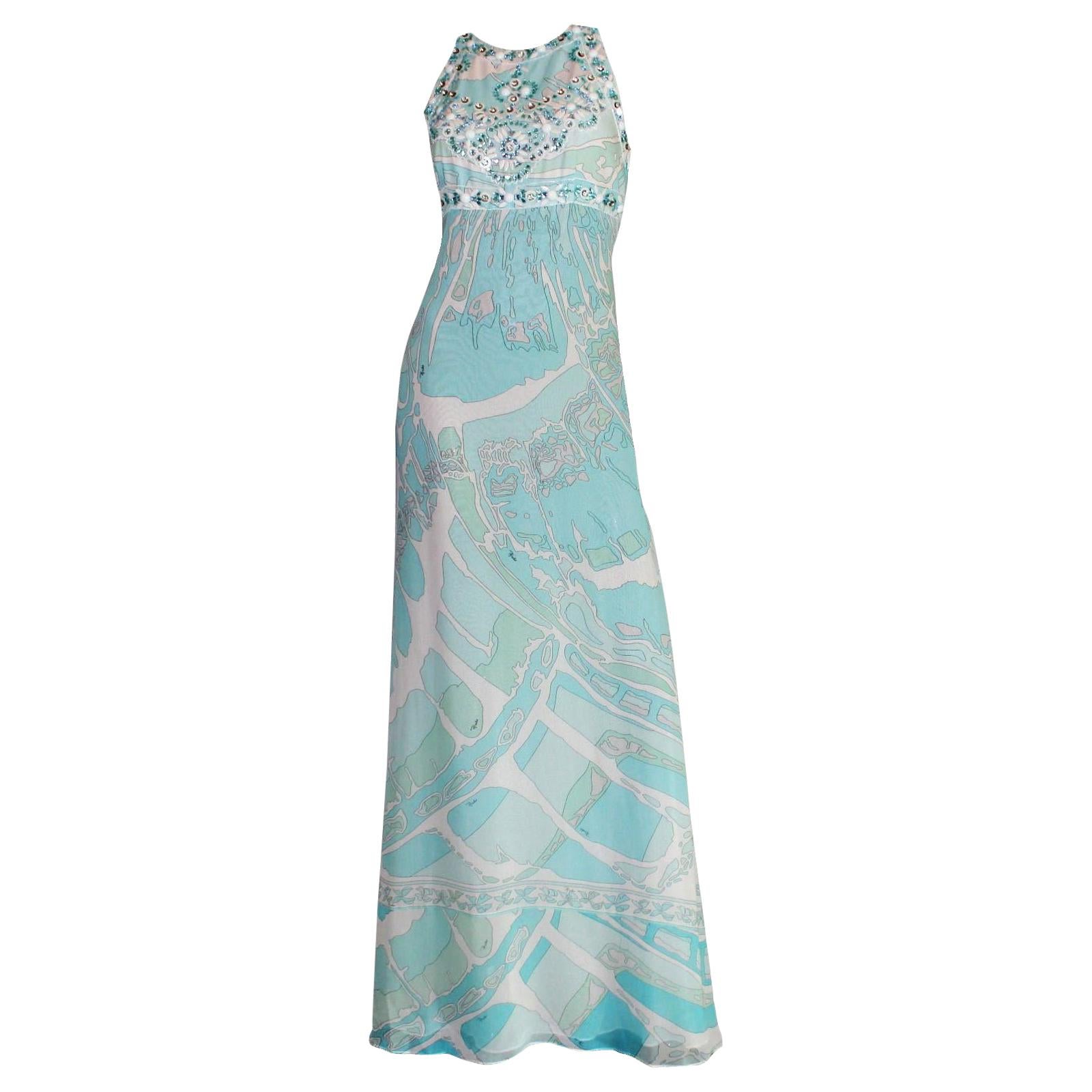 Emilio Pucci Seafoam Embroidered Crystal Sequin Silk Chiffon Gown Dress