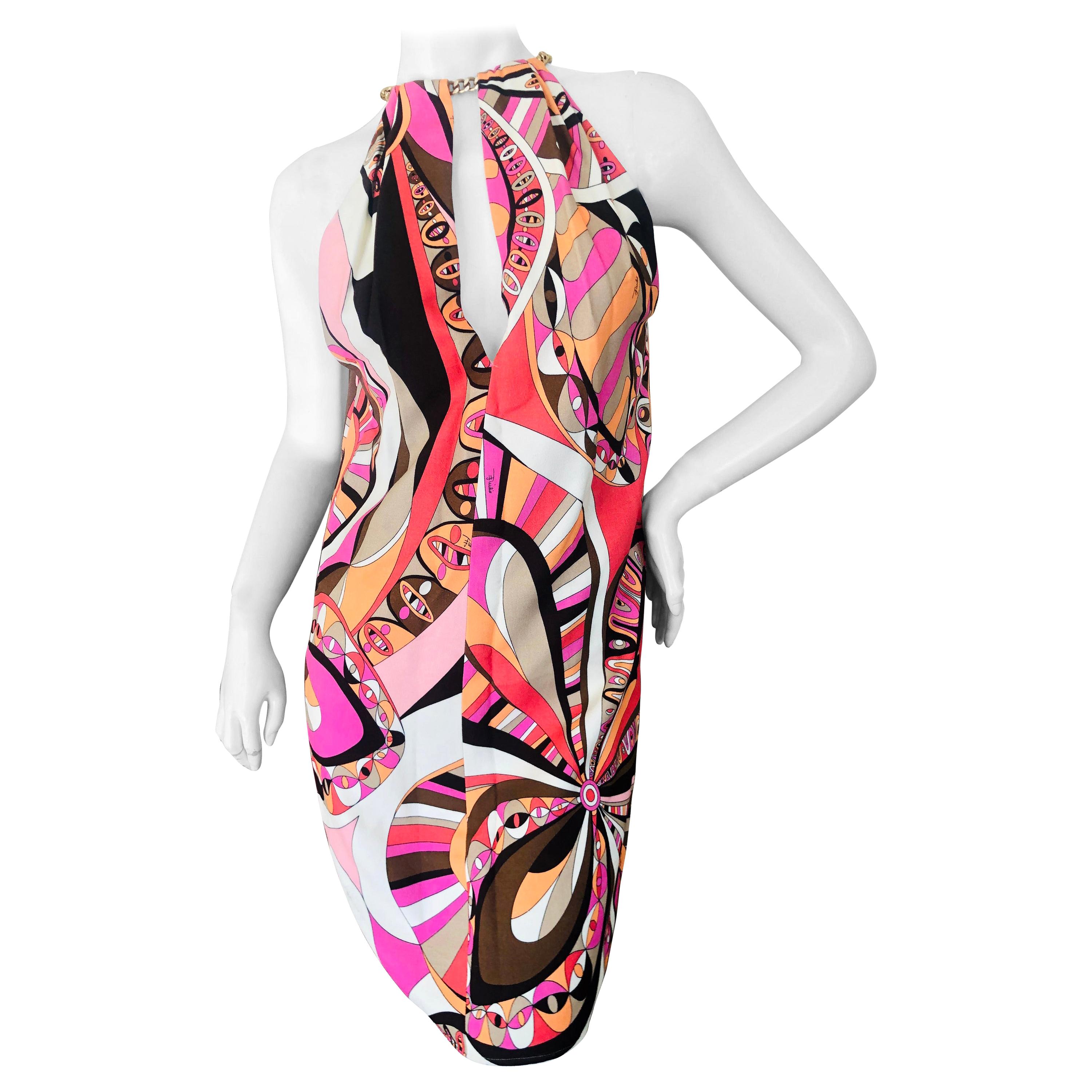Emilio Pucci Sexy Slit Halter 60
s Style Dress with Gold Chain Choker For Sale