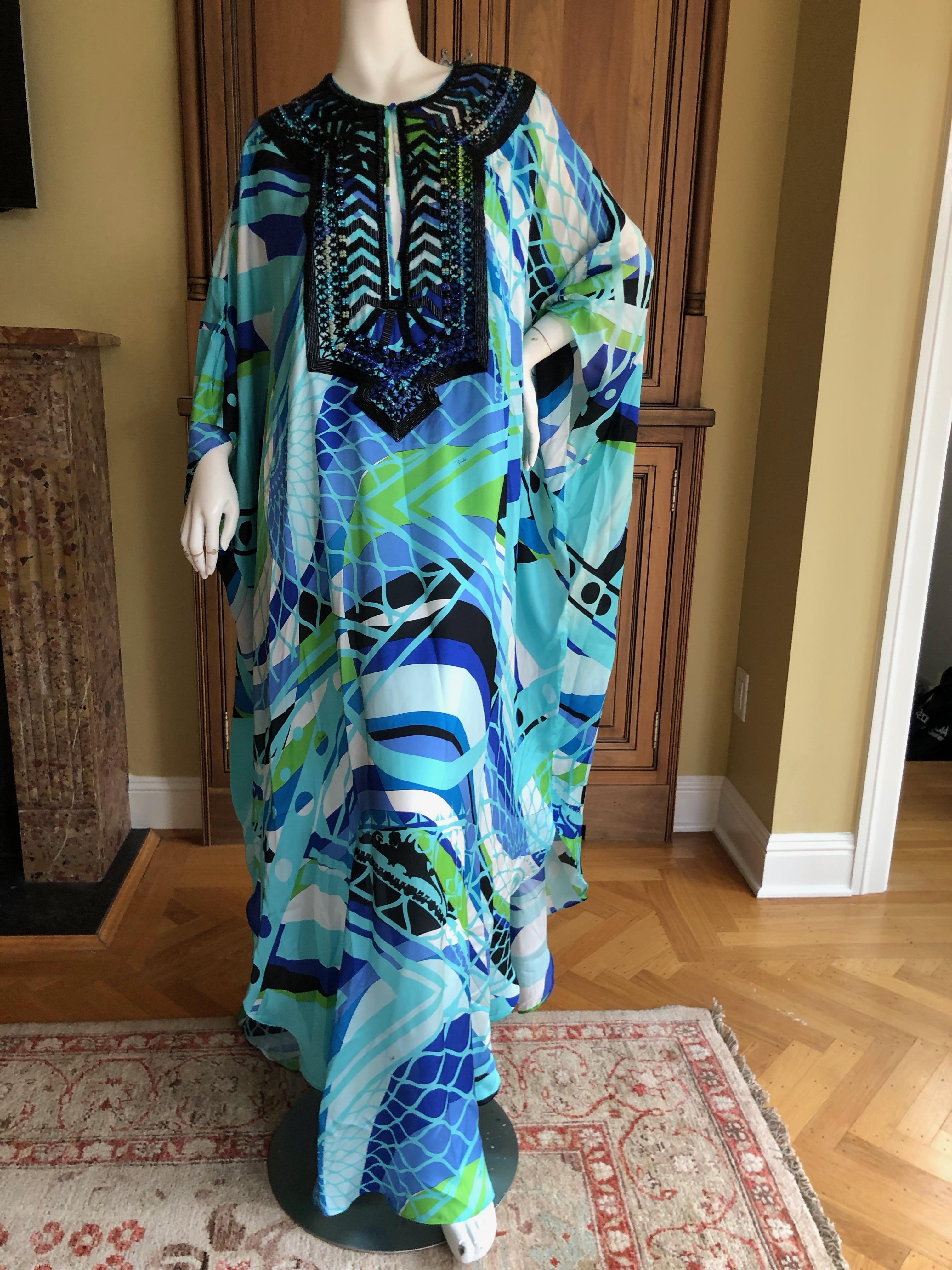 Emilio Pucci Long Silk Caftan Embellished In Glass Jet Bugle Beads  In New Condition For Sale In Cloverdale, CA