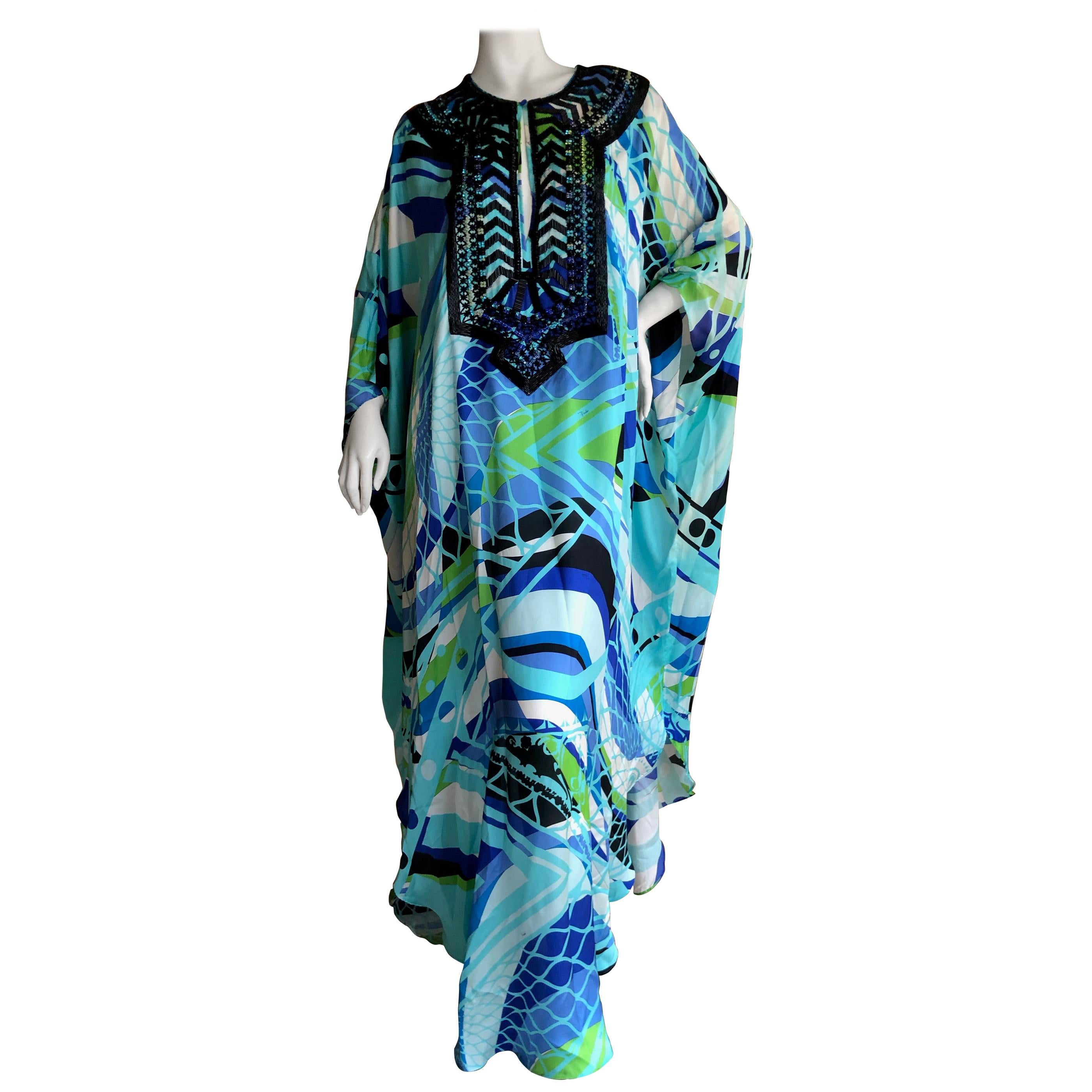 Emilio Pucci Long Silk Caftan Embellished In Glass Jet Bugle Beads  For Sale