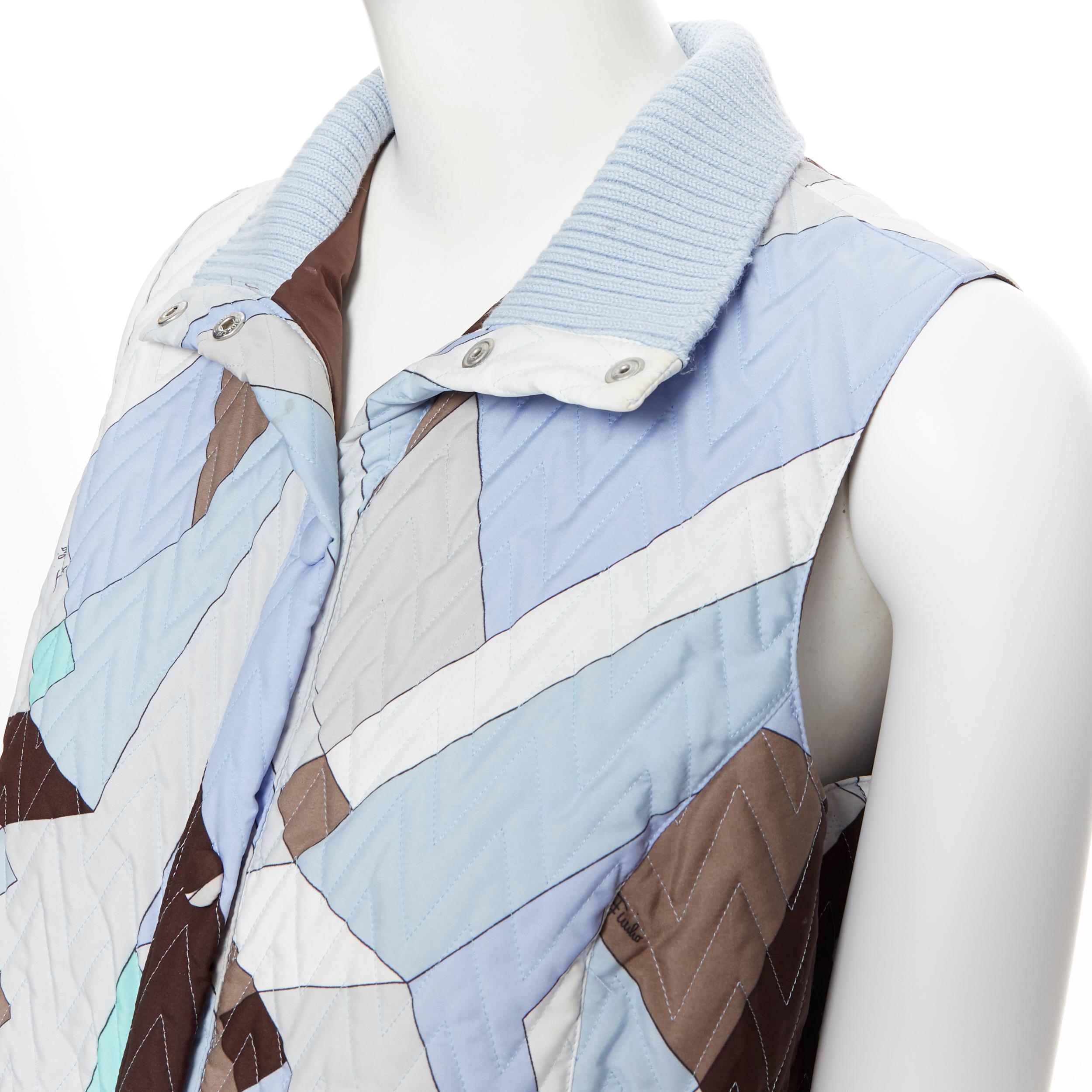 EMILIO PUCCI signature geometric print chevron stitching sleeveless vest IT44
Brand: Emilio Pucci 
Designer: Emilio Pucci 
Model Name / Style: Vest
Material: Polyester
Color: Blue
Pattern: Geometric
Closure: Button
Extra Detail: Sleeveless.
Made in: