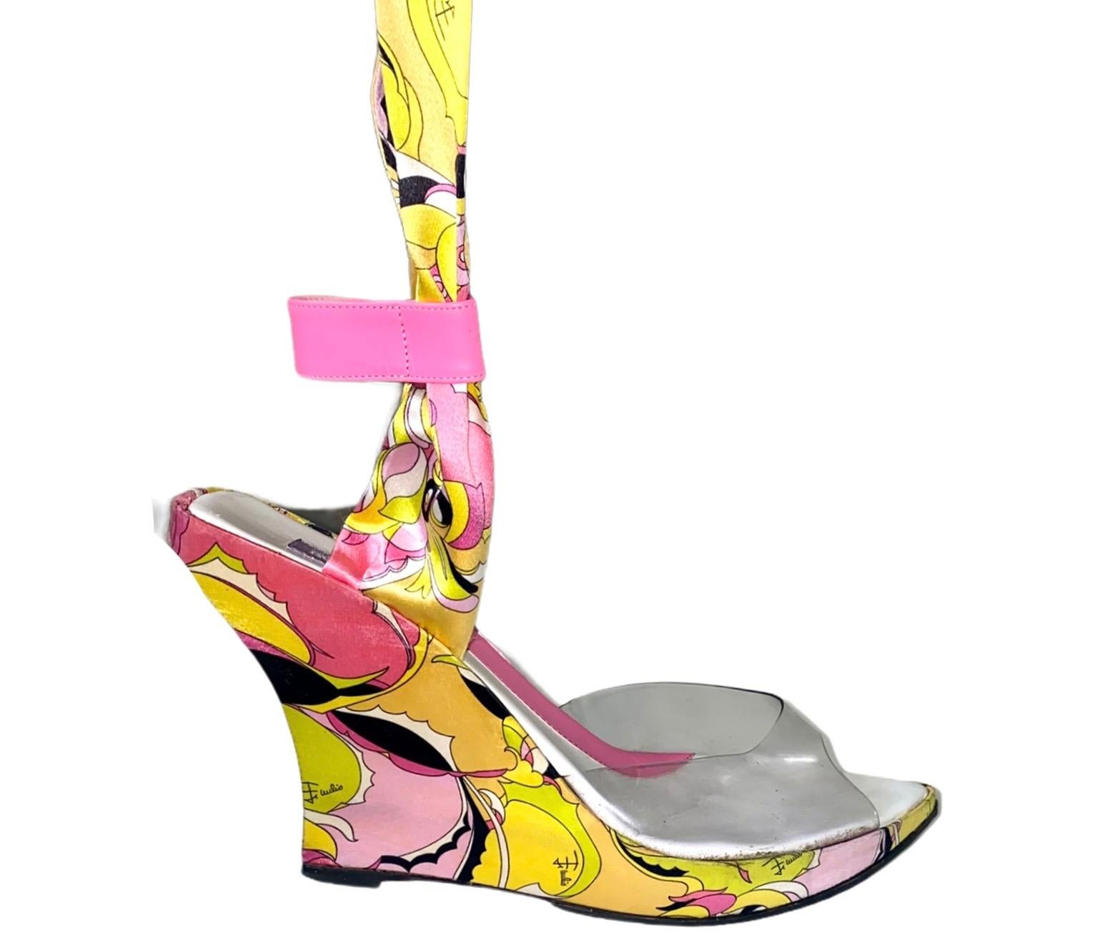 Stunning pink and multicolor satin Emilio Pucci wedges 
PVC paneling at vamps
Emilio Pucci signature print on silk satin fabric  with 