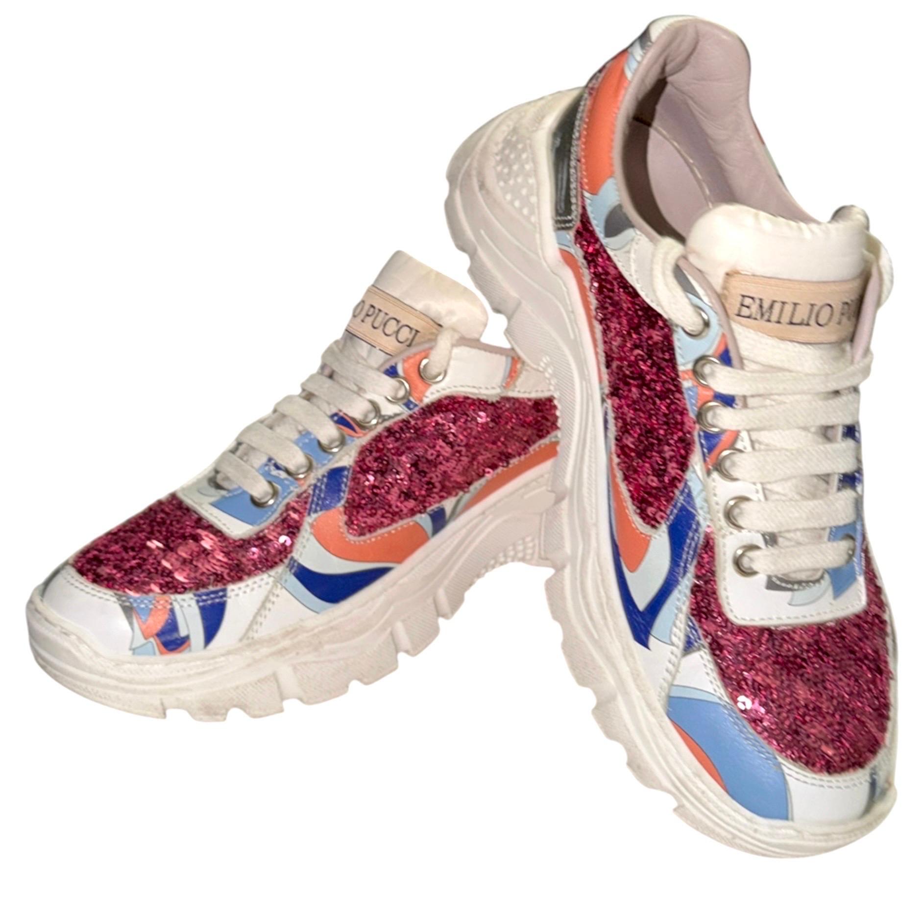 EMILIO PUCCI Signature Print Sequin Sneakers Shoes 32 For Sale