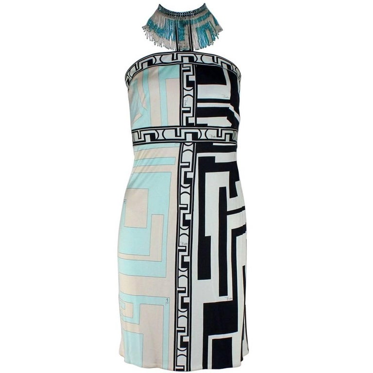 Emilio Pucci Signature Print Silk Gown Dress With Beaded Fringe Collar For Sale At 1stdibs