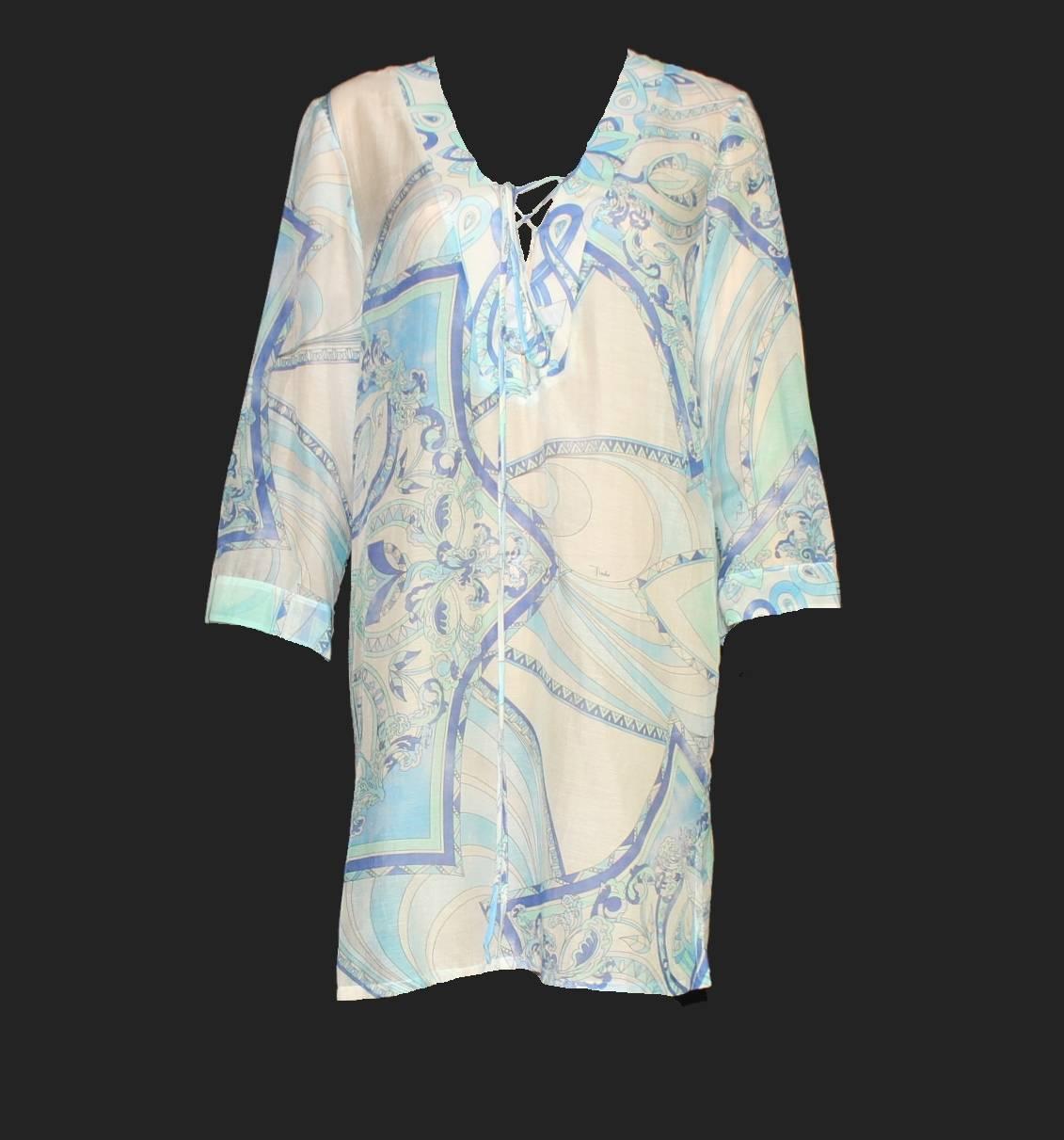 Gray Emilio Pucci Signature Print Silk Voile Kaftan Tunic Dress